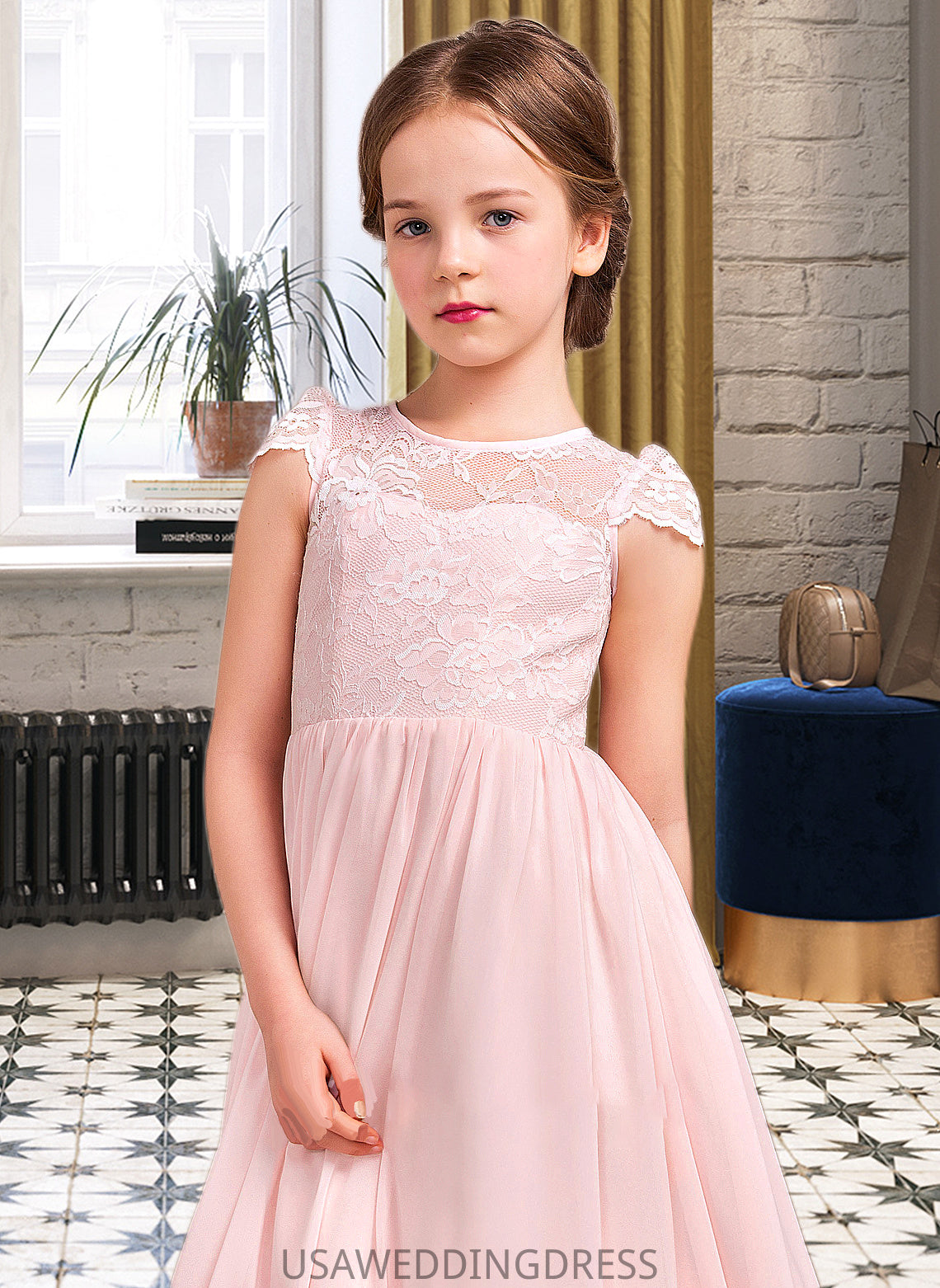 Eloise A-LineScoopNeckFloor-LengthChiffonLaceJuniorBridesmaidDress#81155 DSP0013502