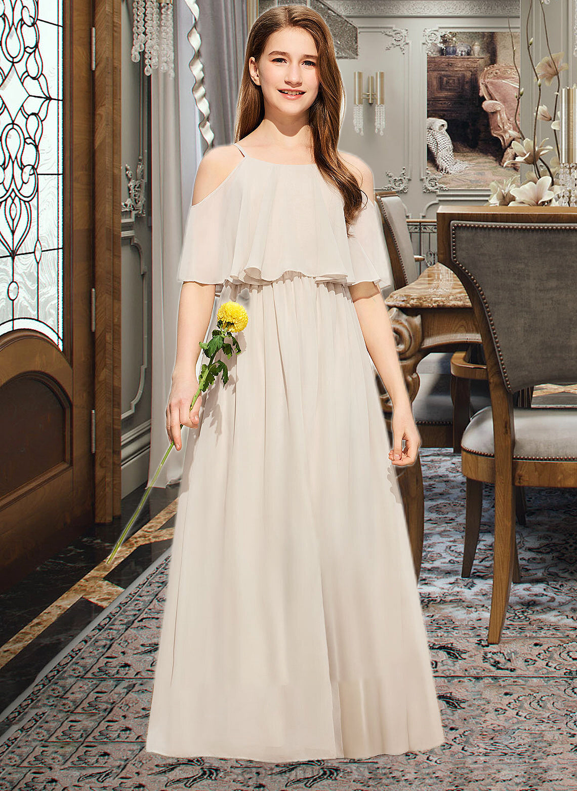 Jan A-Line Scoop Neck Floor-Length Chiffon Junior Bridesmaid Dress SRSP0013503