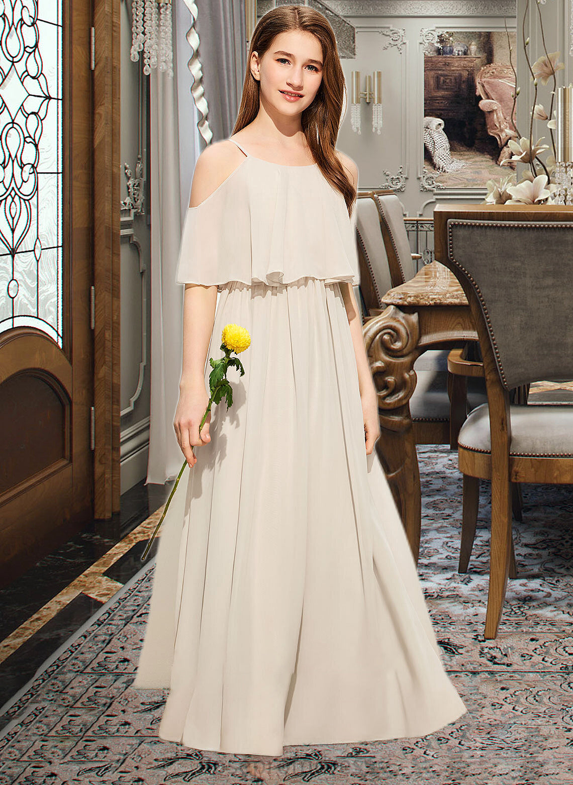 Jan A-Line Scoop Neck Floor-Length Chiffon Junior Bridesmaid Dress SRSP0013503