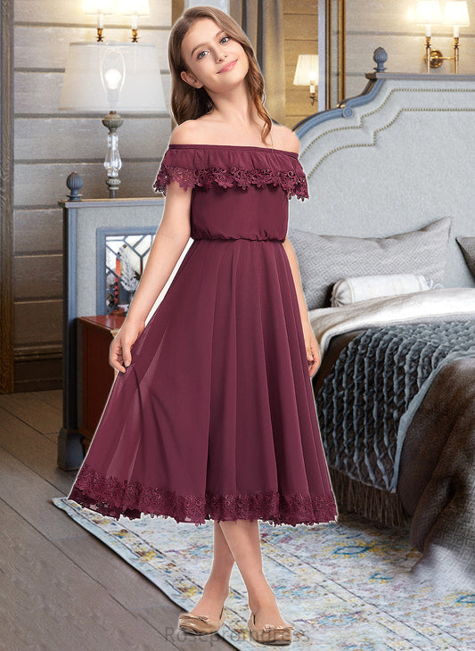 Shyla A-Line Off-the-Shoulder Tea-Length Chiffon Lace Junior Bridesmaid Dress SRSP0013505