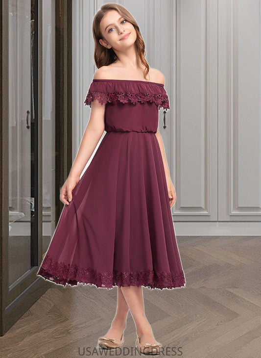 Ruby A-Line Off-the-Shoulder Tea-Length Chiffon Lace Junior Bridesmaid Dress DSP0013505