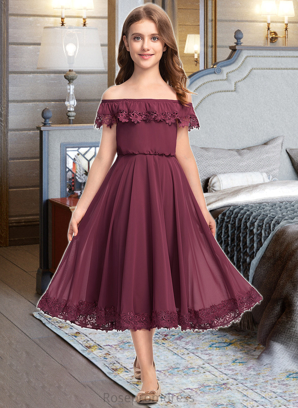 Shyla A-Line Off-the-Shoulder Tea-Length Chiffon Lace Junior Bridesmaid Dress SRSP0013505