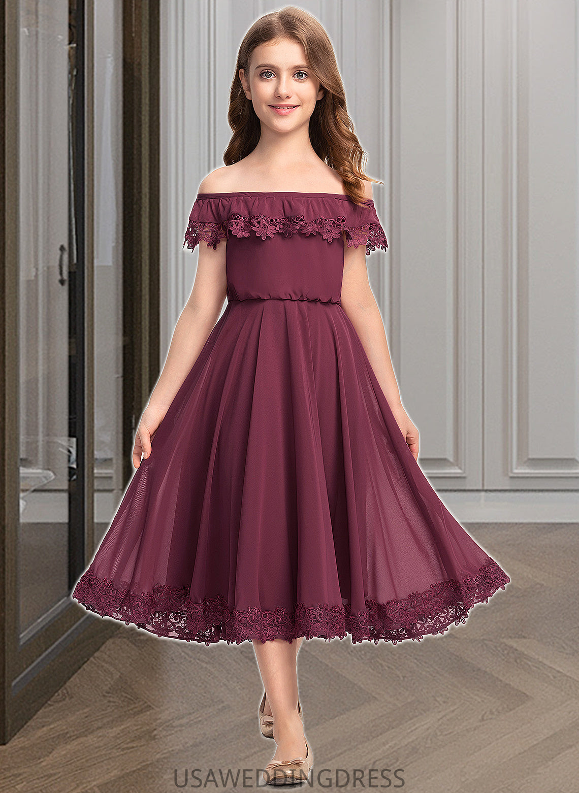 Ruby A-Line Off-the-Shoulder Tea-Length Chiffon Lace Junior Bridesmaid Dress DSP0013505