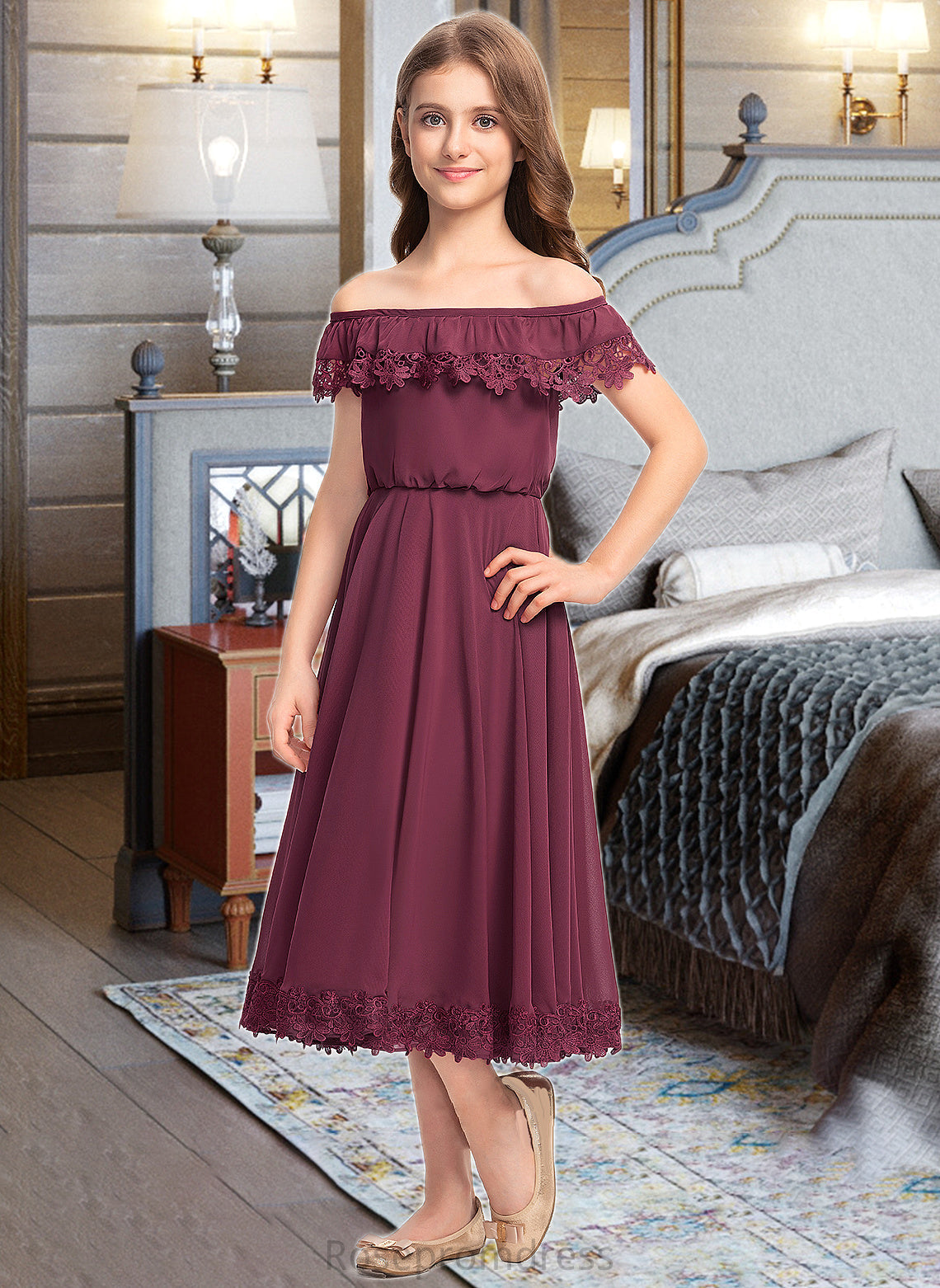 Shyla A-Line Off-the-Shoulder Tea-Length Chiffon Lace Junior Bridesmaid Dress SRSP0013505