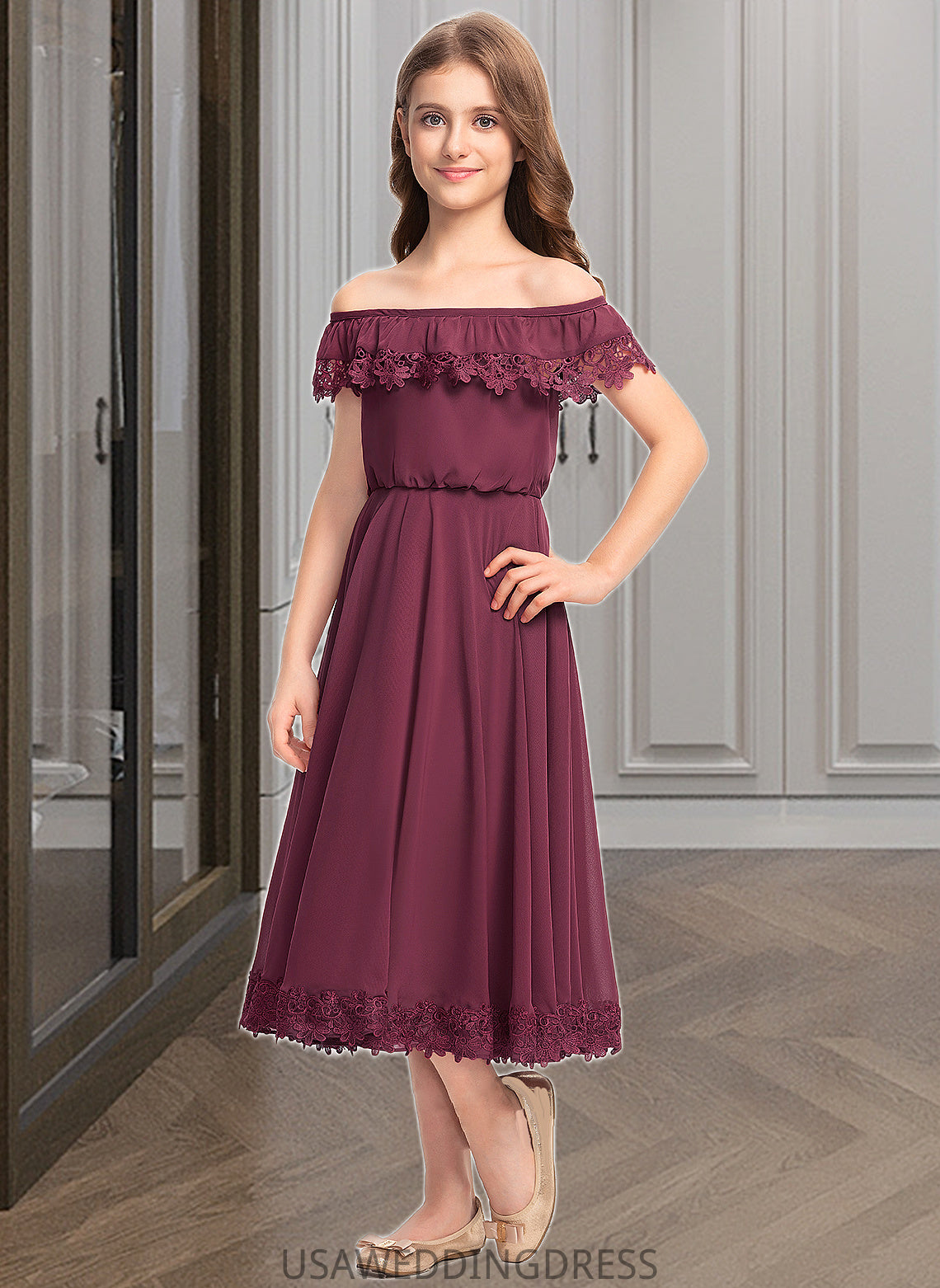 Ruby A-Line Off-the-Shoulder Tea-Length Chiffon Lace Junior Bridesmaid Dress DSP0013505