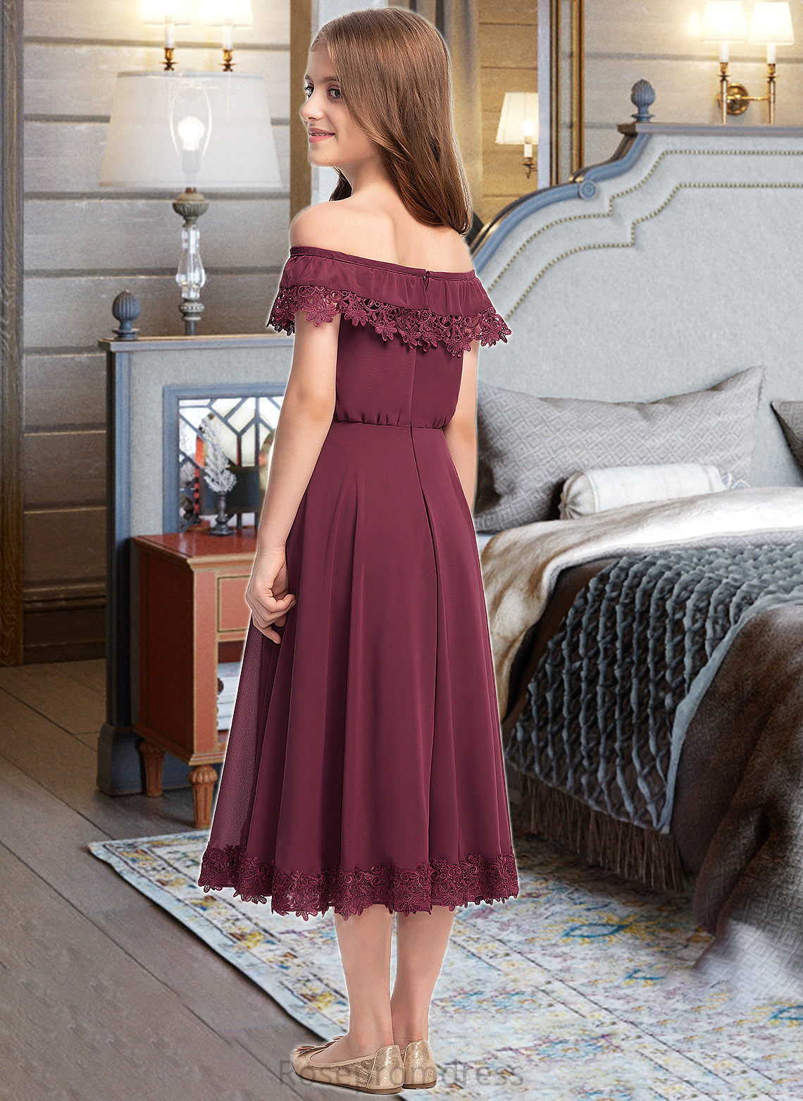 Shyla A-Line Off-the-Shoulder Tea-Length Chiffon Lace Junior Bridesmaid Dress SRSP0013505