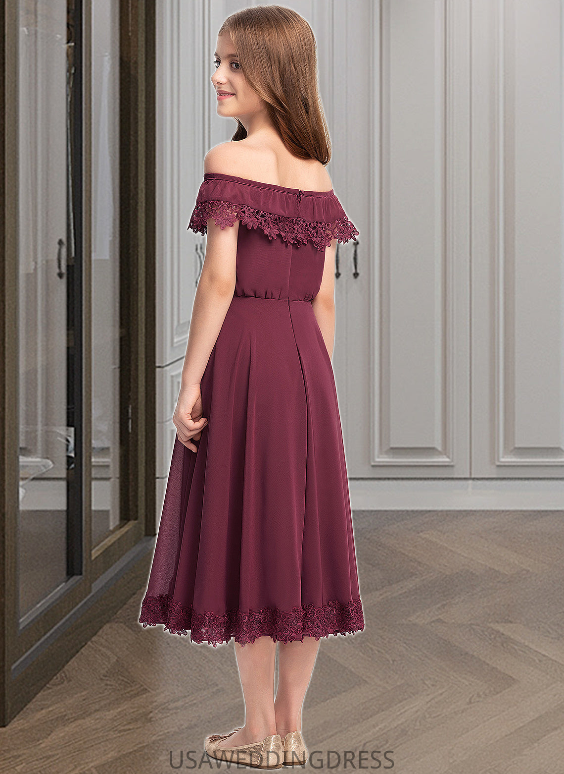 Ruby A-Line Off-the-Shoulder Tea-Length Chiffon Lace Junior Bridesmaid Dress DSP0013505