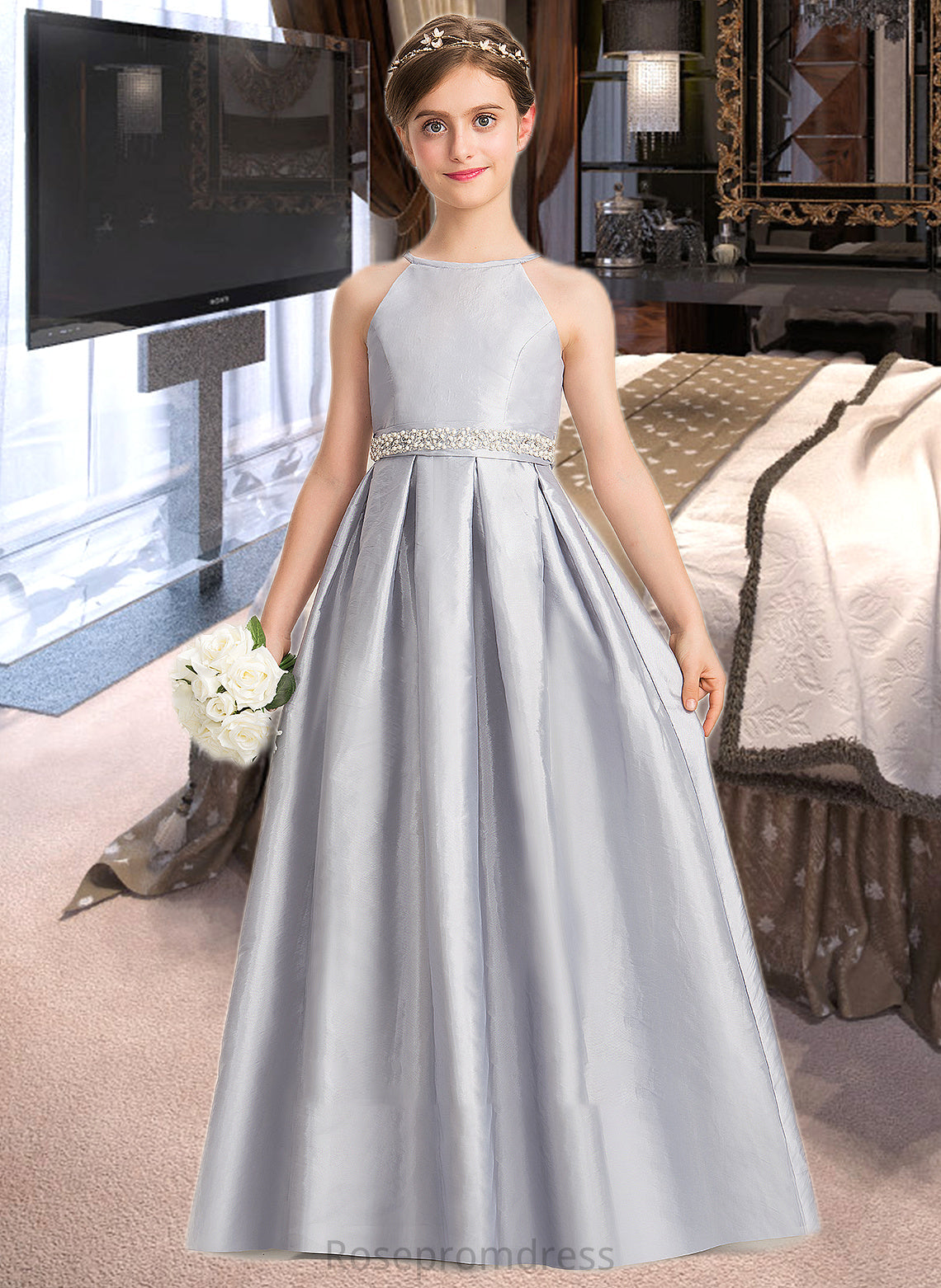 Kailey A-Line Scoop Neck Floor-Length Taffeta Junior Bridesmaid Dress With Beading Bow(s) SRSP0013506