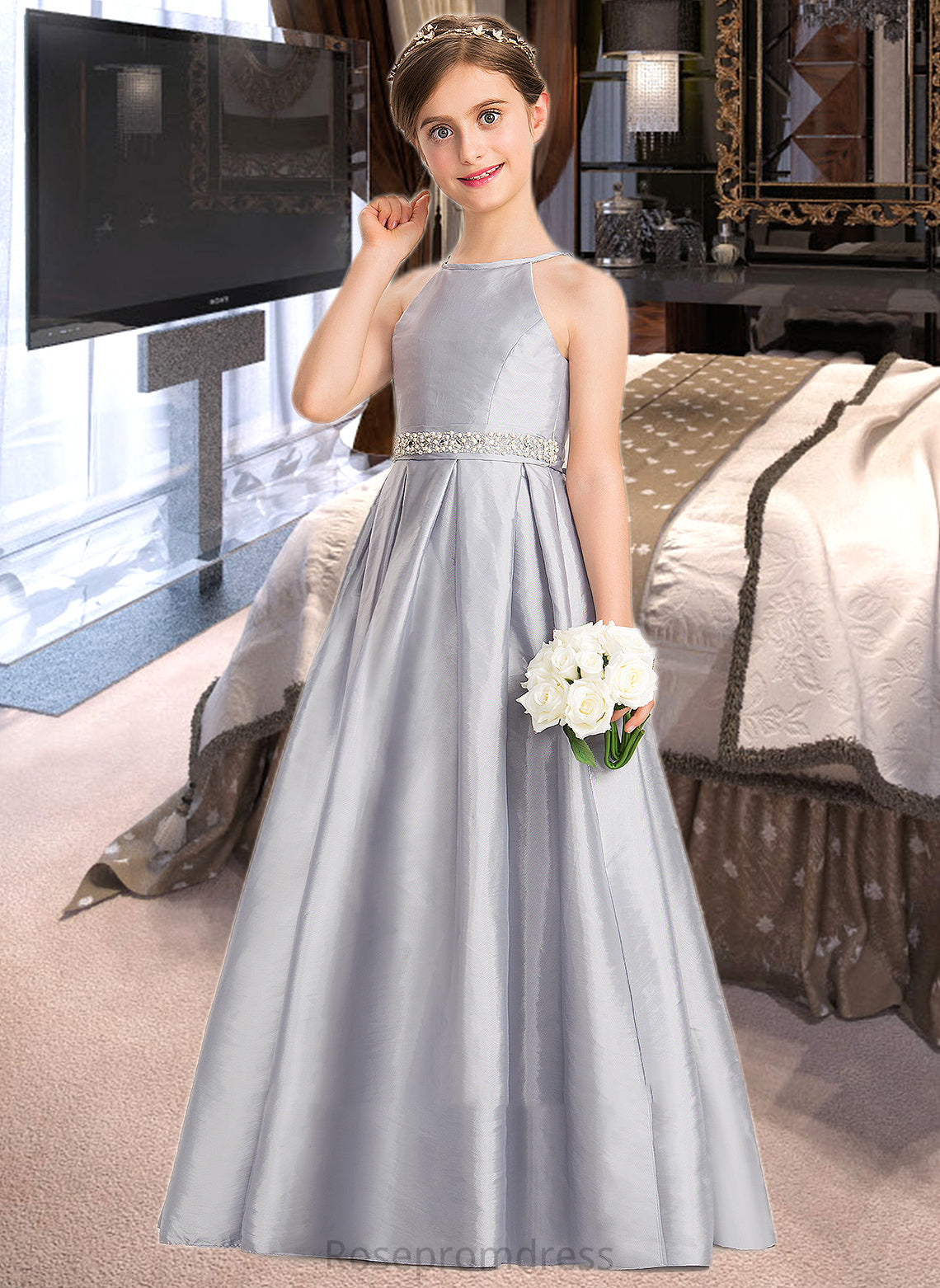 Kailey A-Line Scoop Neck Floor-Length Taffeta Junior Bridesmaid Dress With Beading Bow(s) SRSP0013506