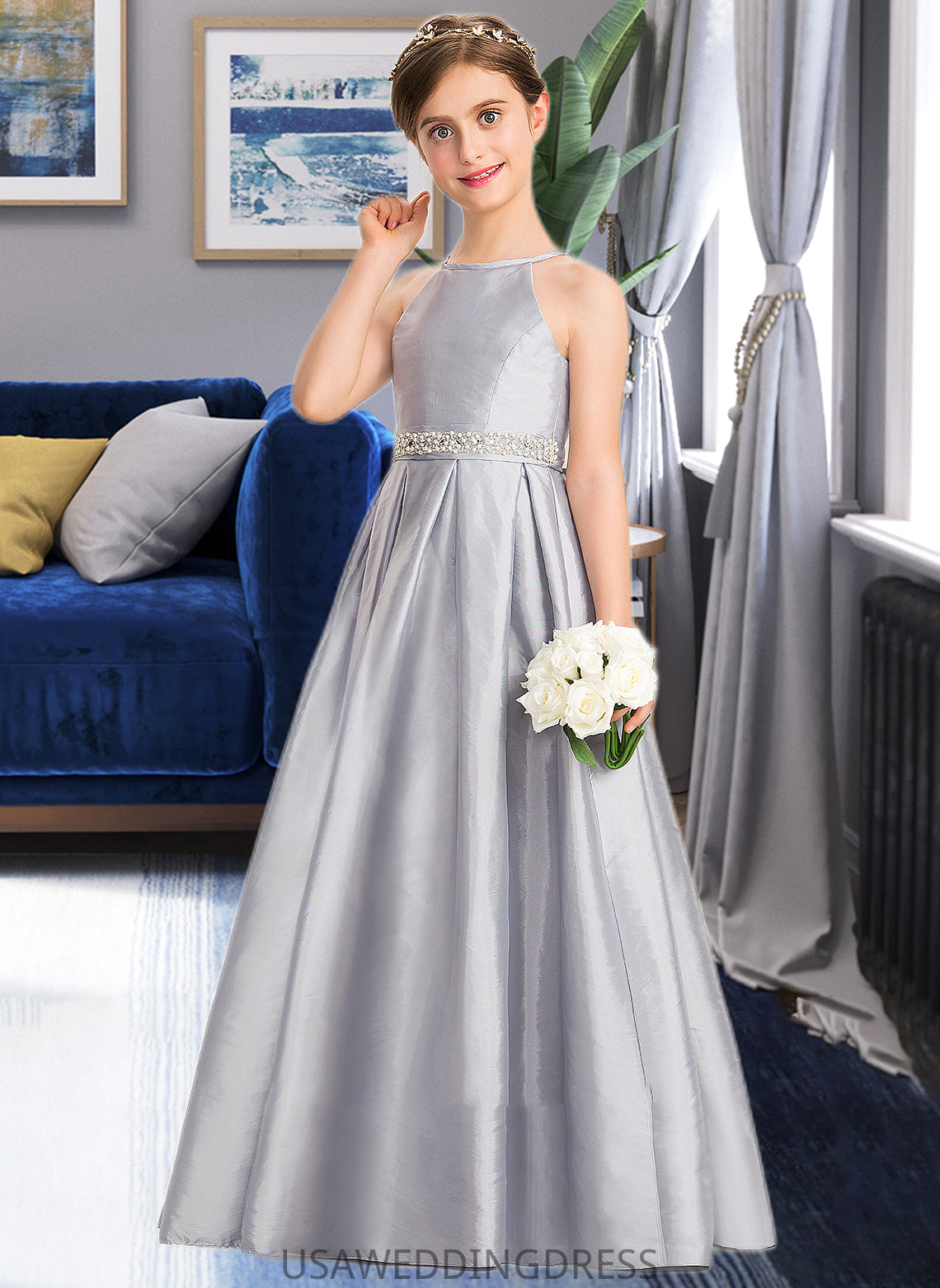 Payton A-Line Scoop Neck Floor-Length Taffeta Junior Bridesmaid Dress With Beading Bow(s) DSP0013506