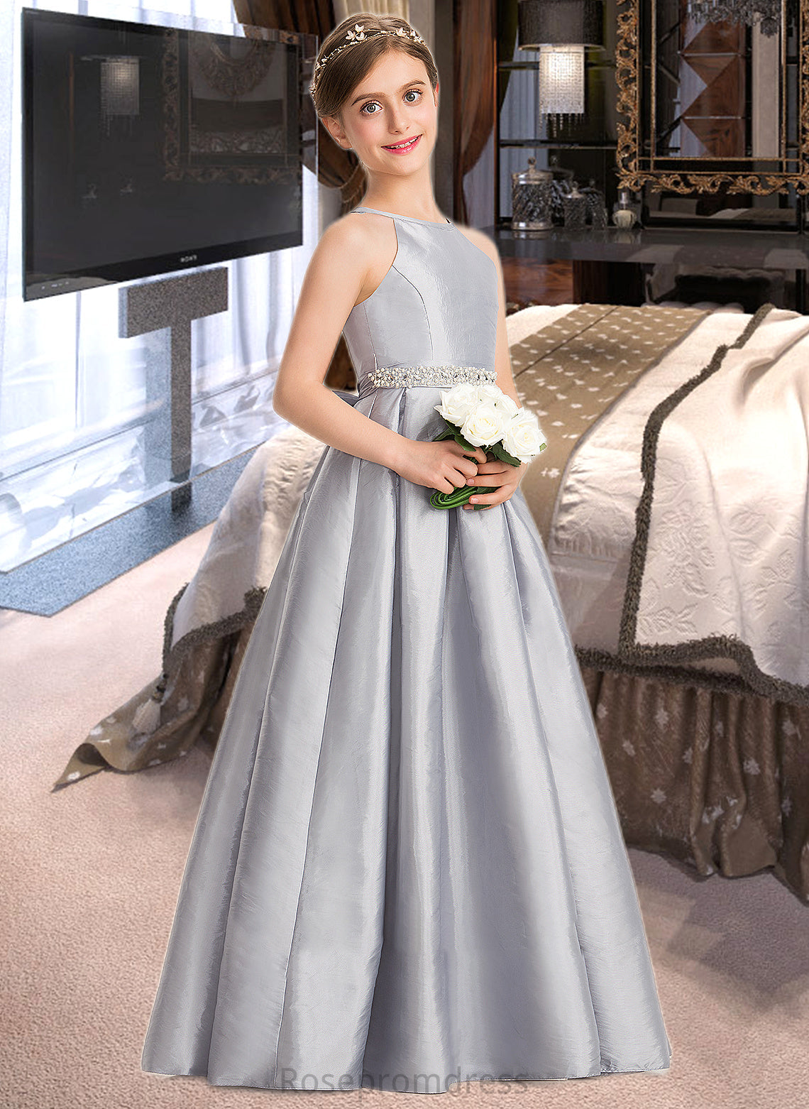 Kailey A-Line Scoop Neck Floor-Length Taffeta Junior Bridesmaid Dress With Beading Bow(s) SRSP0013506