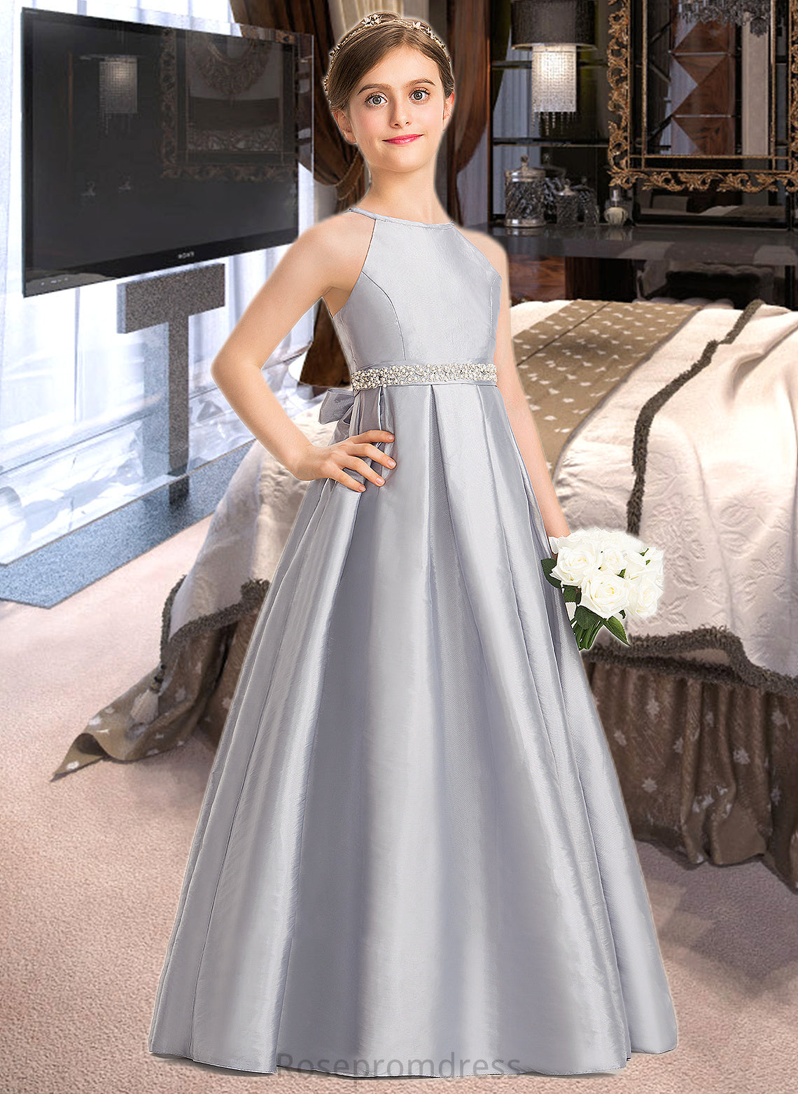 Kailey A-Line Scoop Neck Floor-Length Taffeta Junior Bridesmaid Dress With Beading Bow(s) SRSP0013506