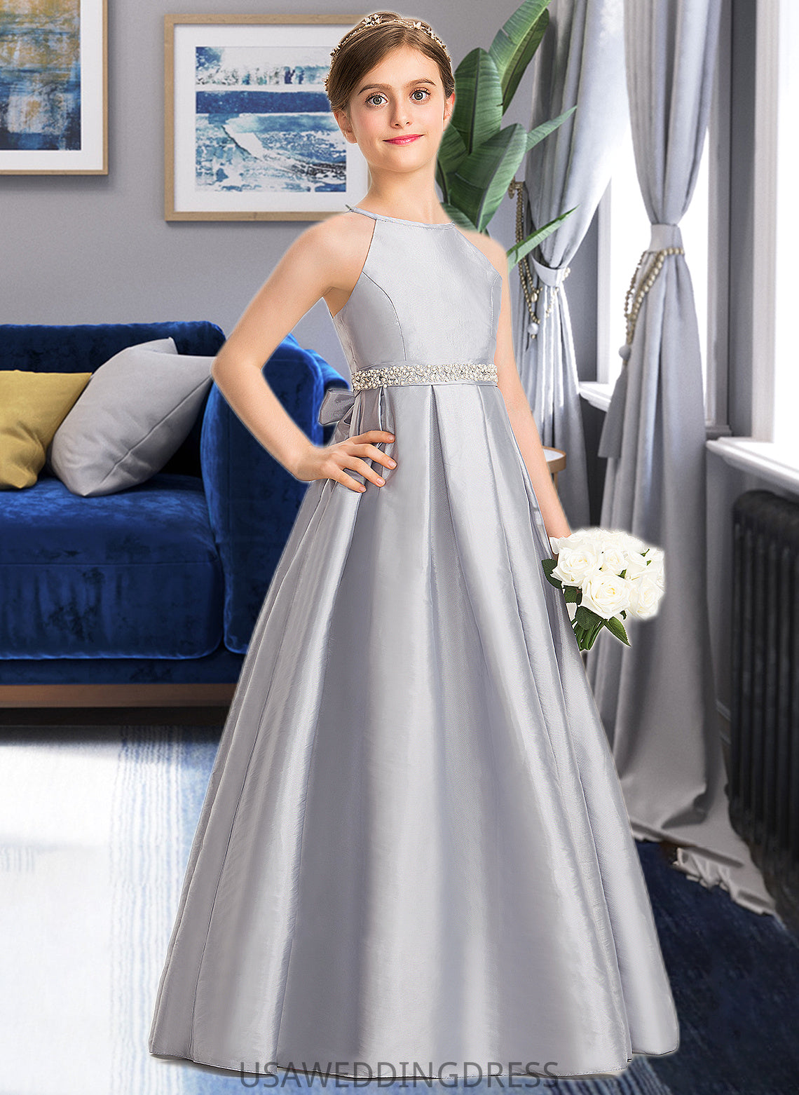 Payton A-Line Scoop Neck Floor-Length Taffeta Junior Bridesmaid Dress With Beading Bow(s) DSP0013506