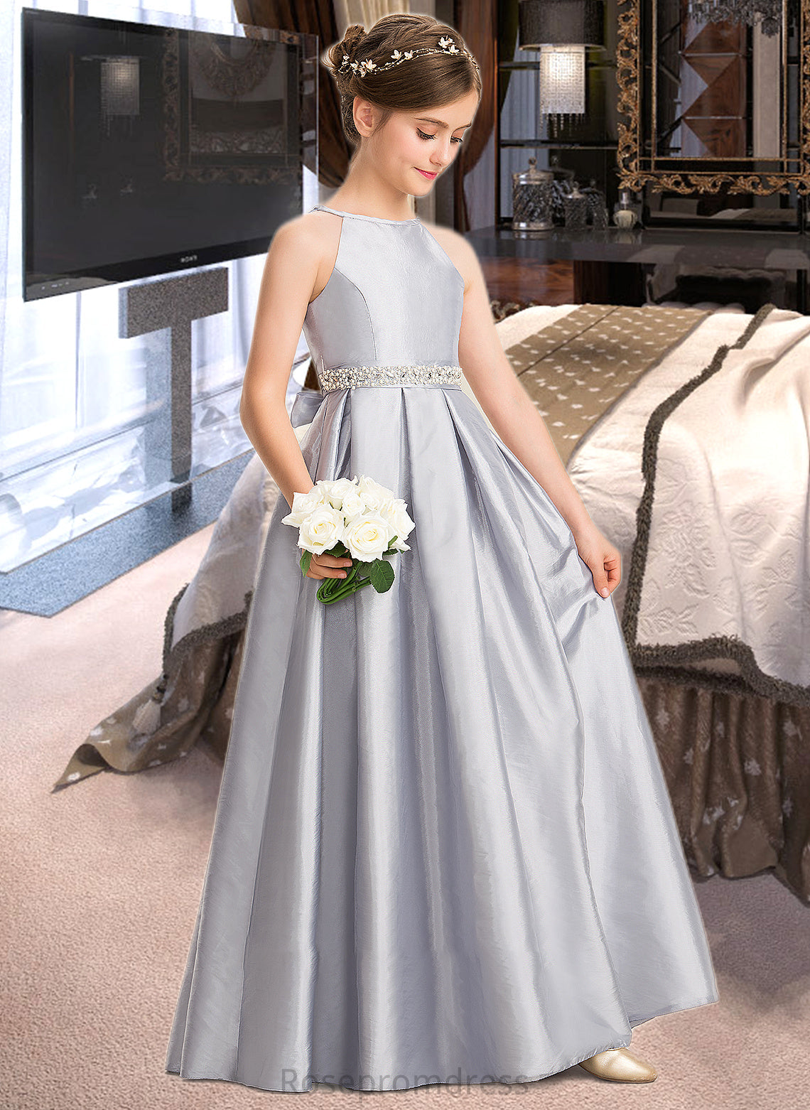 Kailey A-Line Scoop Neck Floor-Length Taffeta Junior Bridesmaid Dress With Beading Bow(s) SRSP0013506