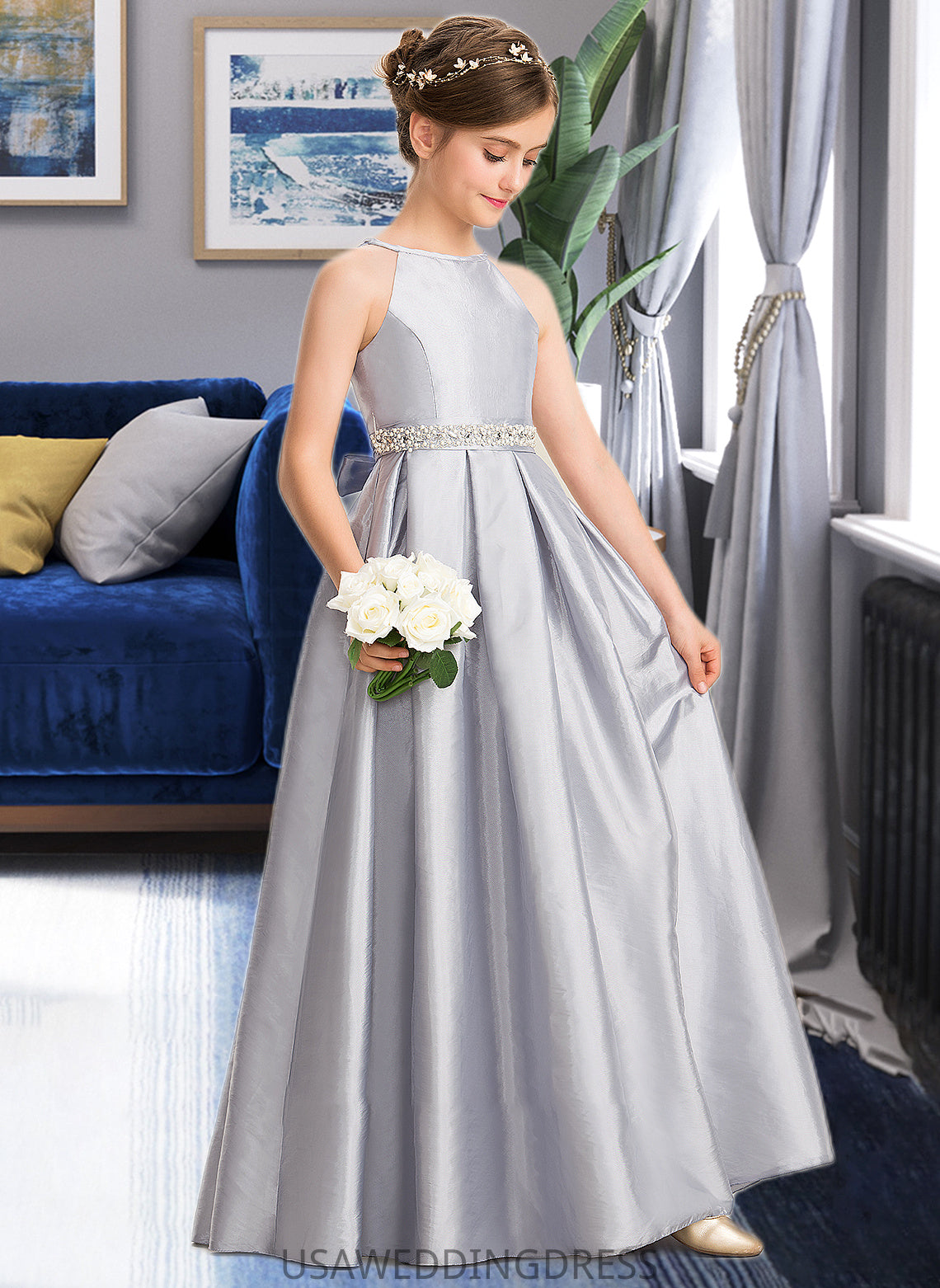 Payton A-Line Scoop Neck Floor-Length Taffeta Junior Bridesmaid Dress With Beading Bow(s) DSP0013506