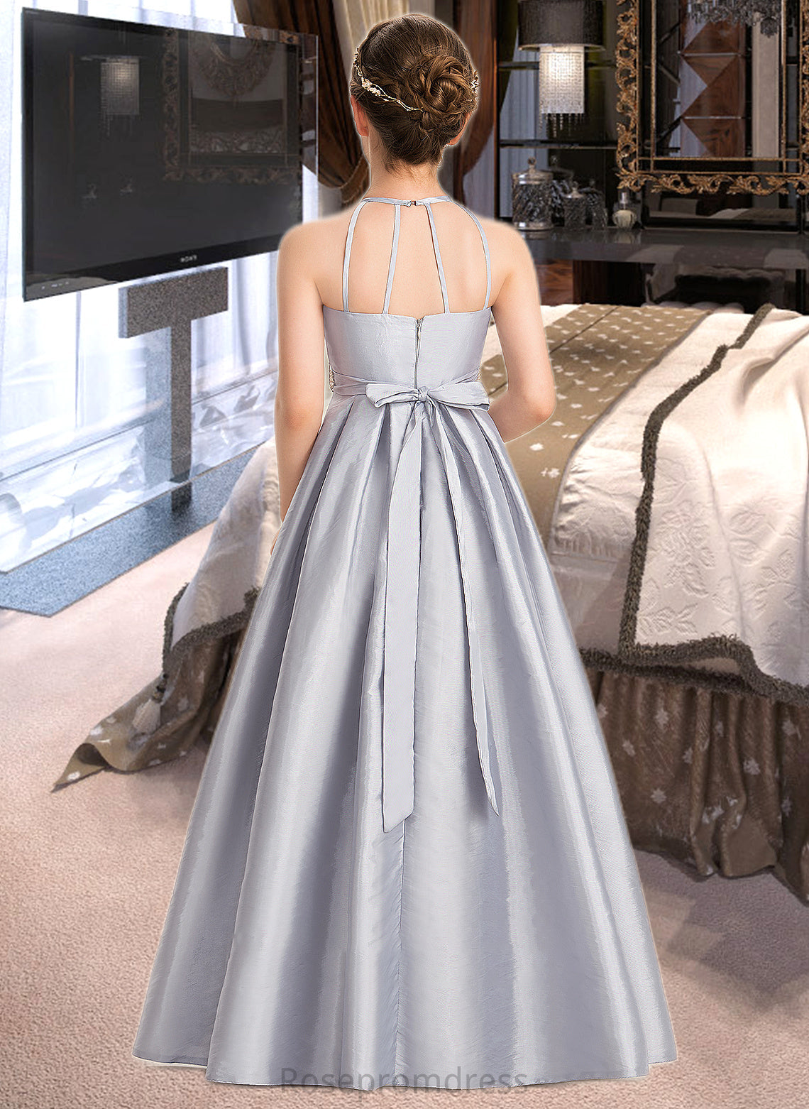 Kailey A-Line Scoop Neck Floor-Length Taffeta Junior Bridesmaid Dress With Beading Bow(s) SRSP0013506