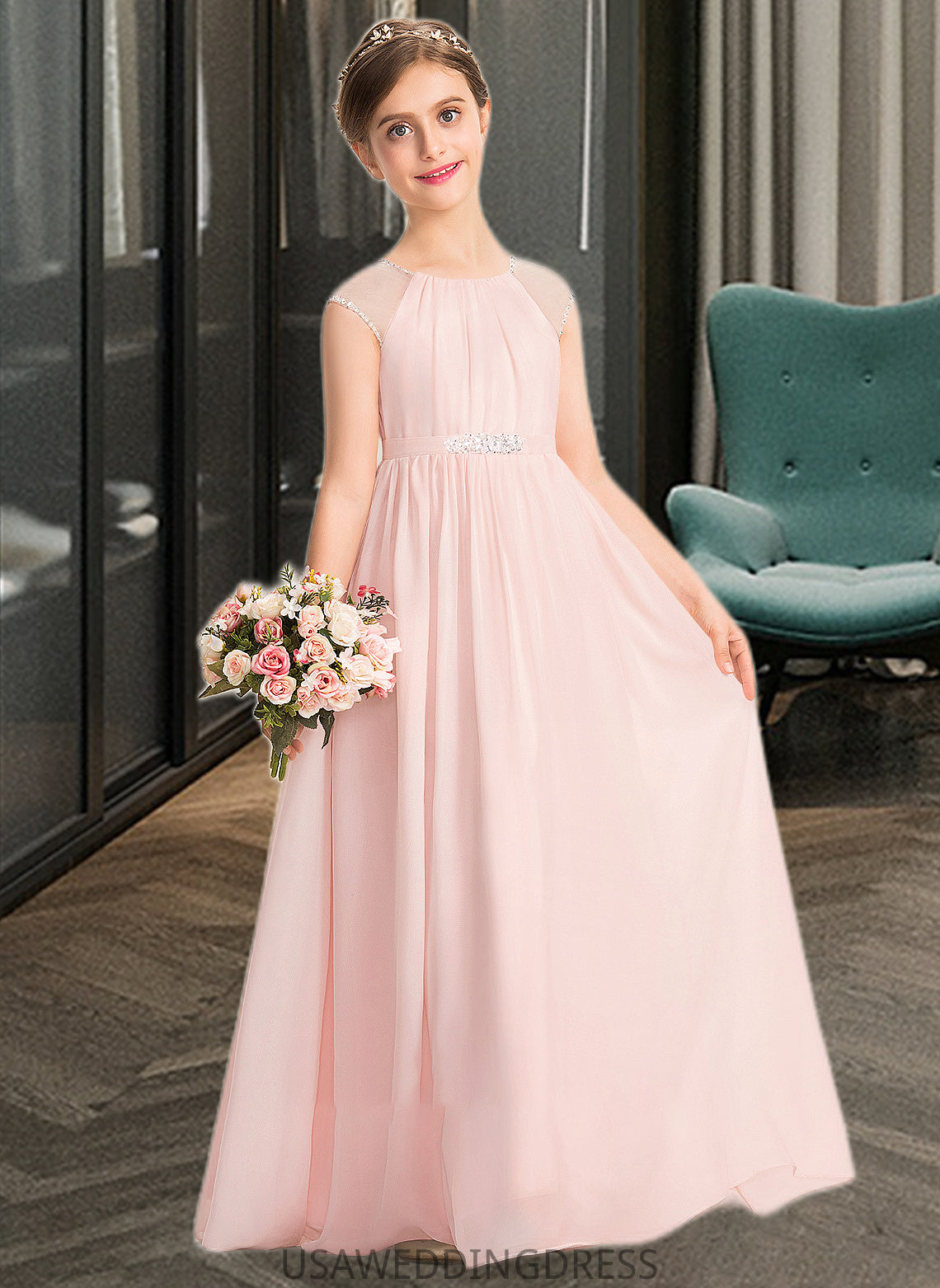 Hana A-Line Scoop Neck Floor-Length Chiffon Junior Bridesmaid Dress With Beading Sequins DSP0013507