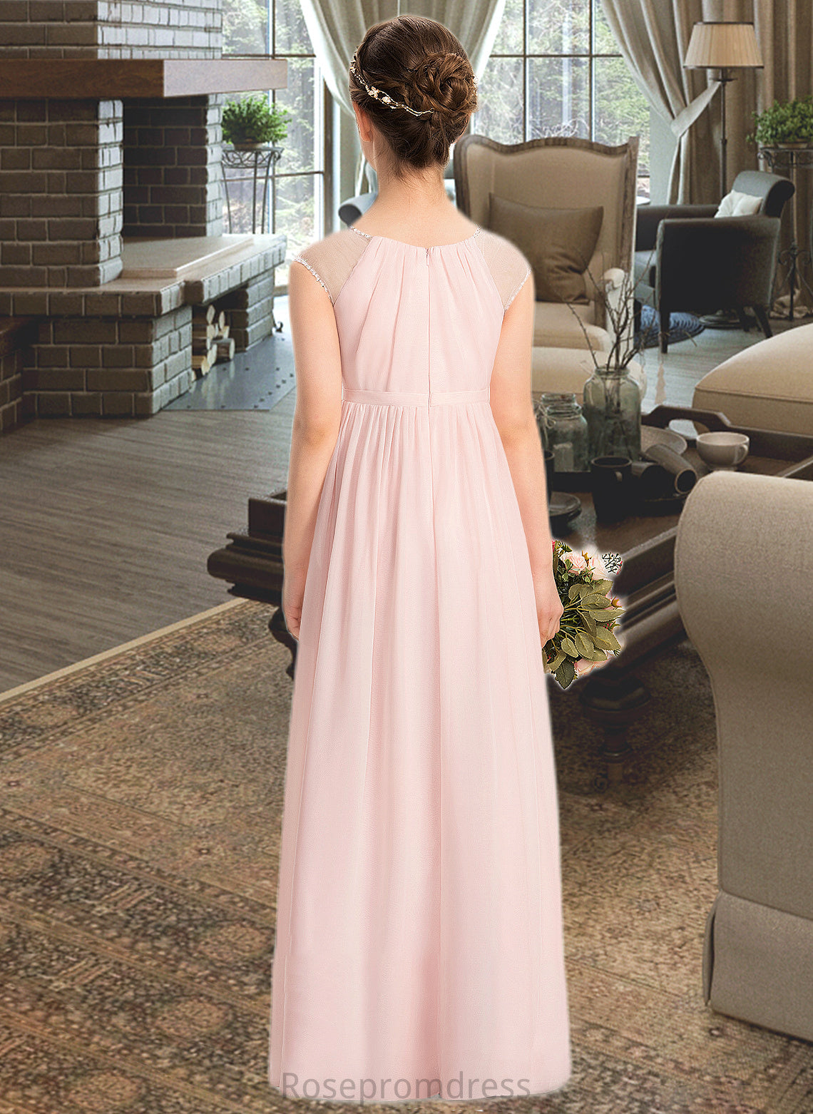 Sheila A-Line Scoop Neck Floor-Length Chiffon Junior Bridesmaid Dress With Beading Sequins SRSP0013507