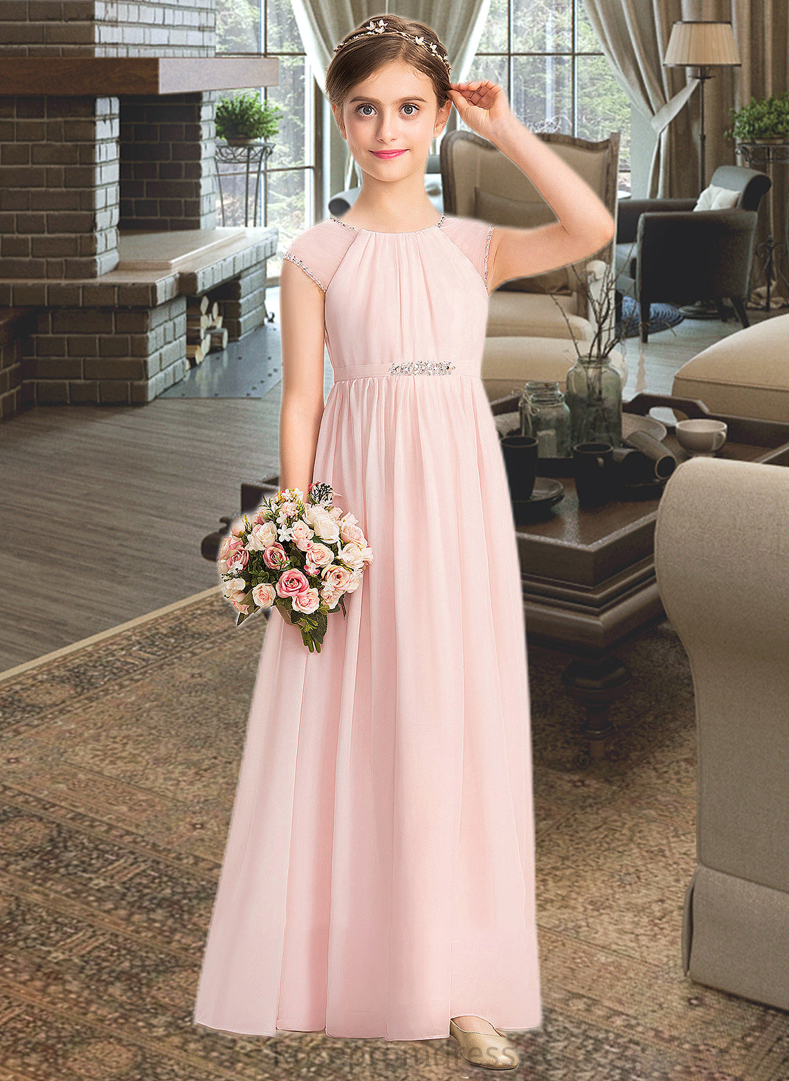 Sheila A-Line Scoop Neck Floor-Length Chiffon Junior Bridesmaid Dress With Beading Sequins SRSP0013507