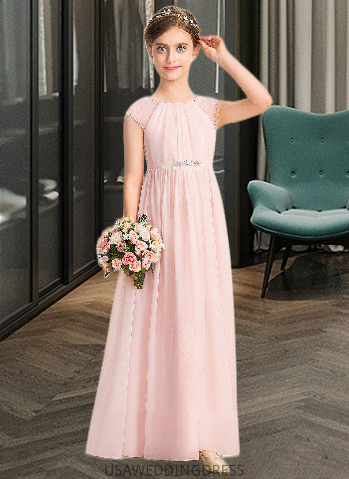 Hana A-Line Scoop Neck Floor-Length Chiffon Junior Bridesmaid Dress With Beading Sequins DSP0013507