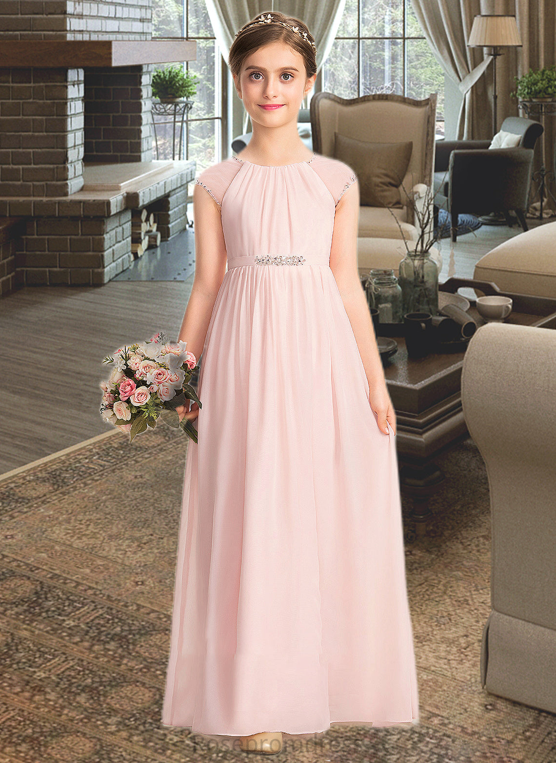 Sheila A-Line Scoop Neck Floor-Length Chiffon Junior Bridesmaid Dress With Beading Sequins SRSP0013507