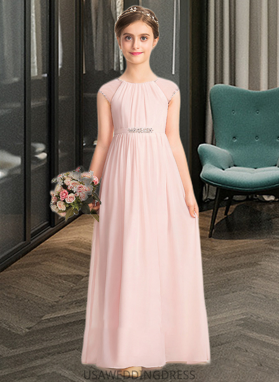 Hana A-Line Scoop Neck Floor-Length Chiffon Junior Bridesmaid Dress With Beading Sequins DSP0013507