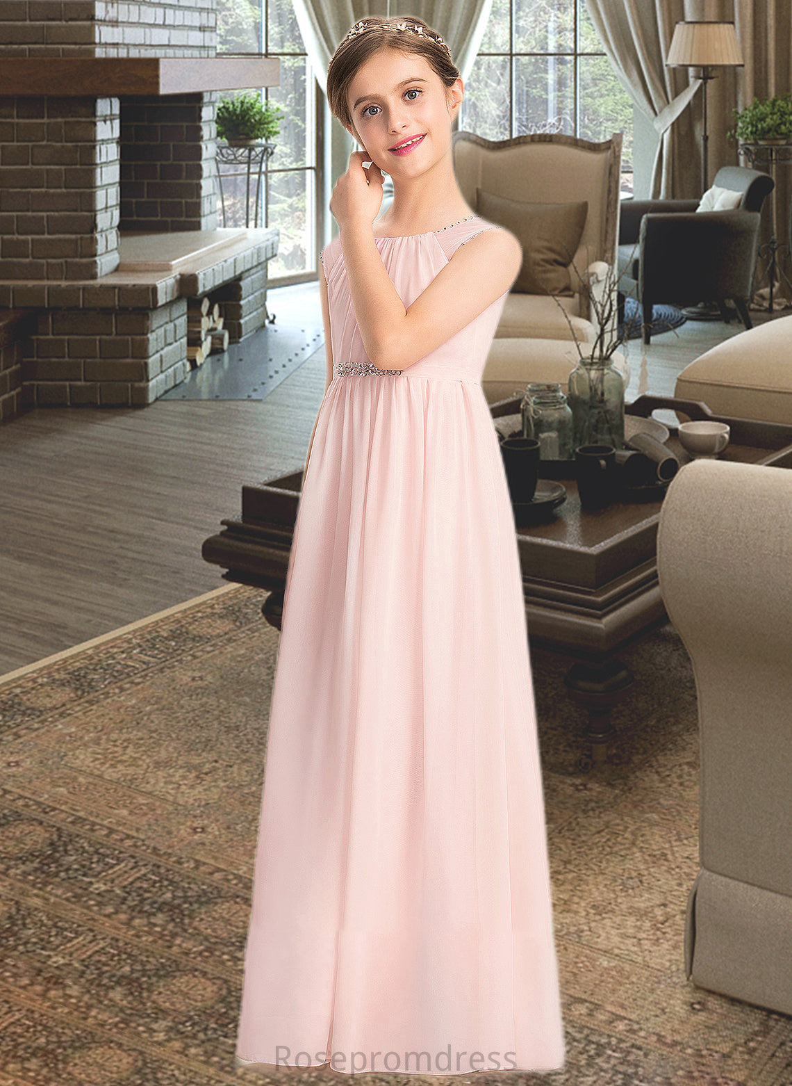 Sheila A-Line Scoop Neck Floor-Length Chiffon Junior Bridesmaid Dress With Beading Sequins SRSP0013507