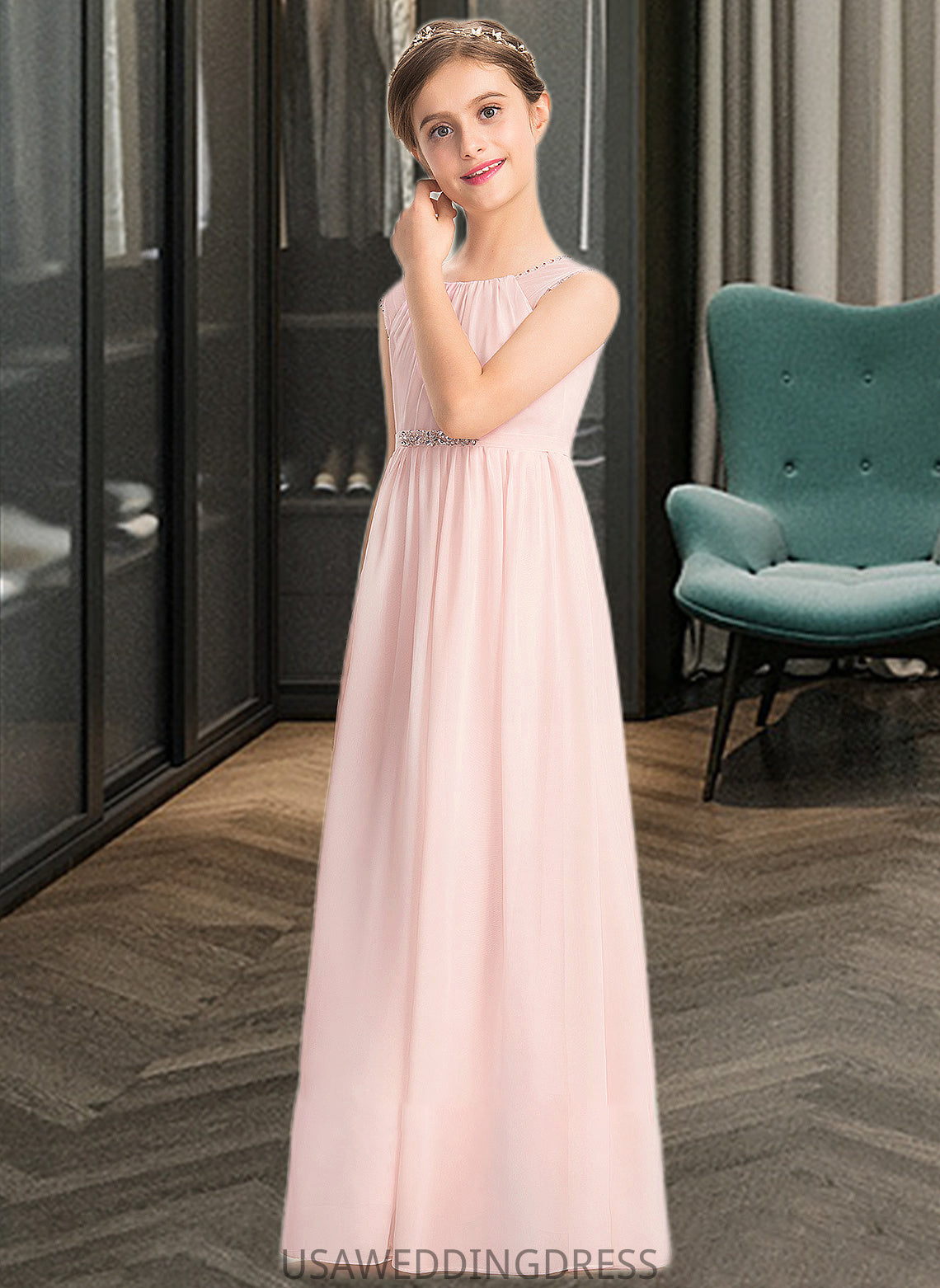 Hana A-Line Scoop Neck Floor-Length Chiffon Junior Bridesmaid Dress With Beading Sequins DSP0013507