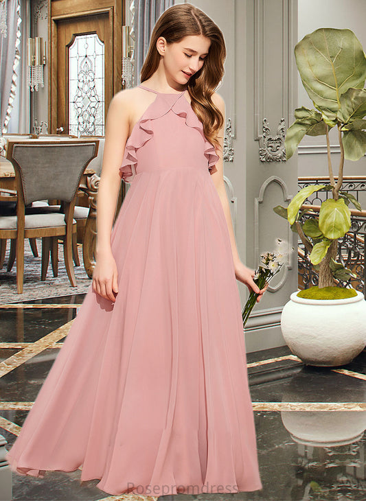 Cassie A-Line Square Neckline Floor-Length Chiffon Junior Bridesmaid Dress With Cascading Ruffles SRSP0013509