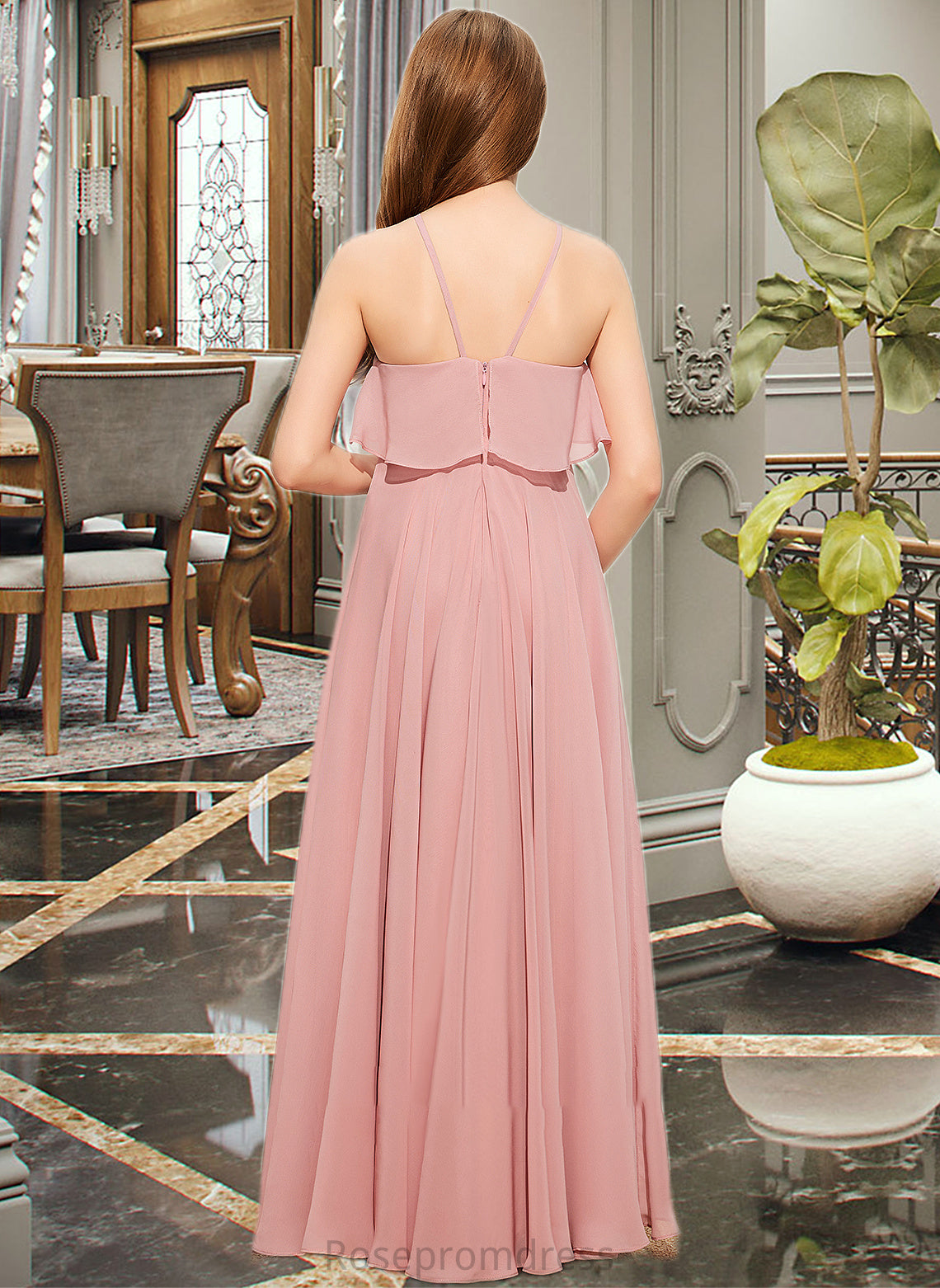 Cassie A-Line Square Neckline Floor-Length Chiffon Junior Bridesmaid Dress With Cascading Ruffles SRSP0013509