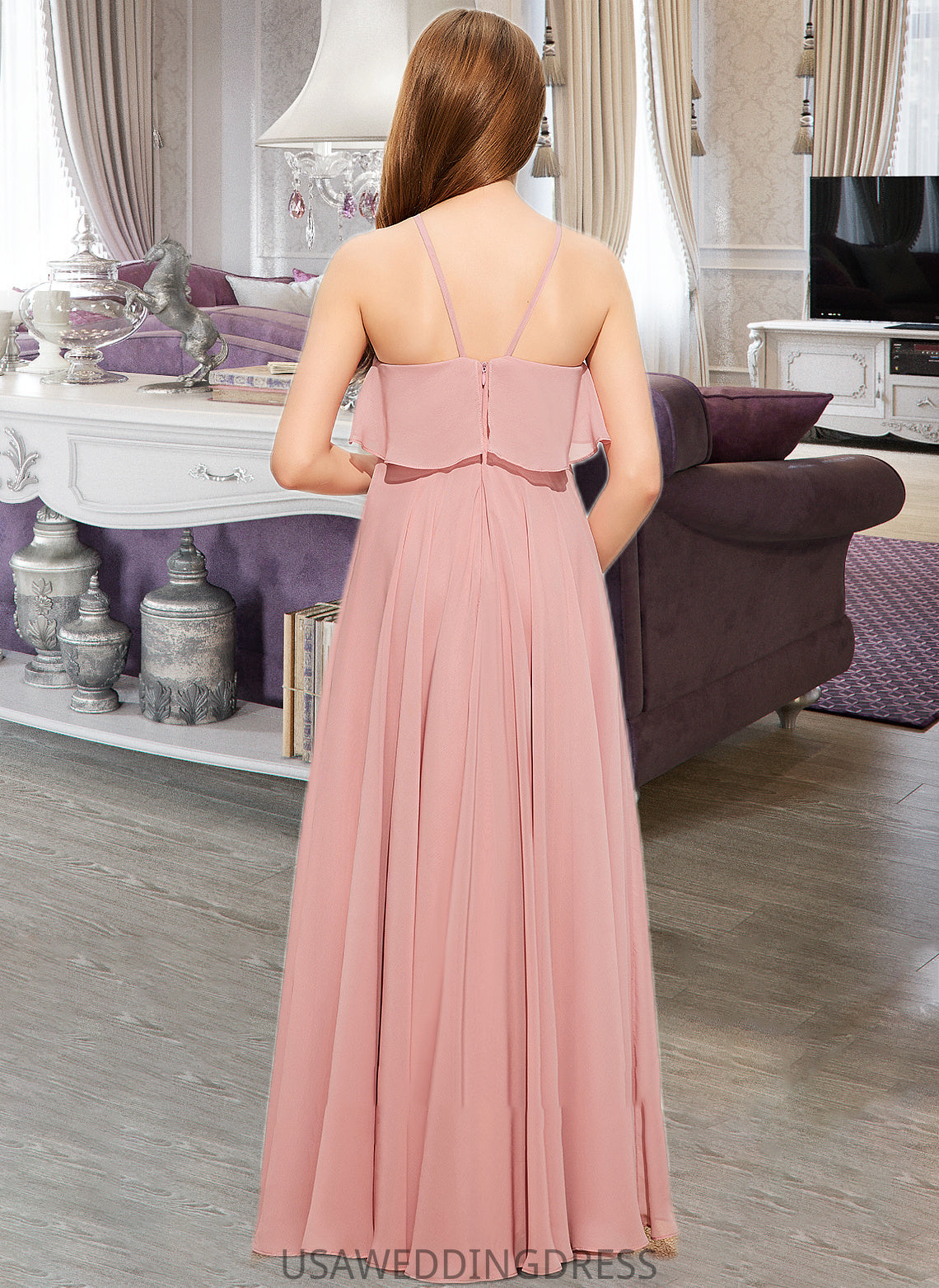 Kara A-Line Square Neckline Floor-Length Chiffon Junior Bridesmaid Dress With Cascading Ruffles DSP0013509