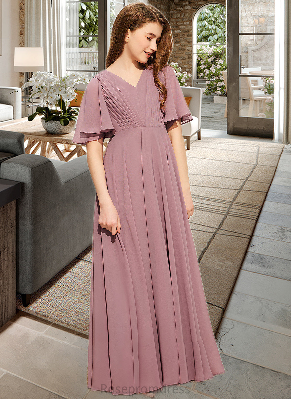 Danika A-Line V-neck Floor-Length Chiffon Junior Bridesmaid Dress With Ruffle SRSP0013510