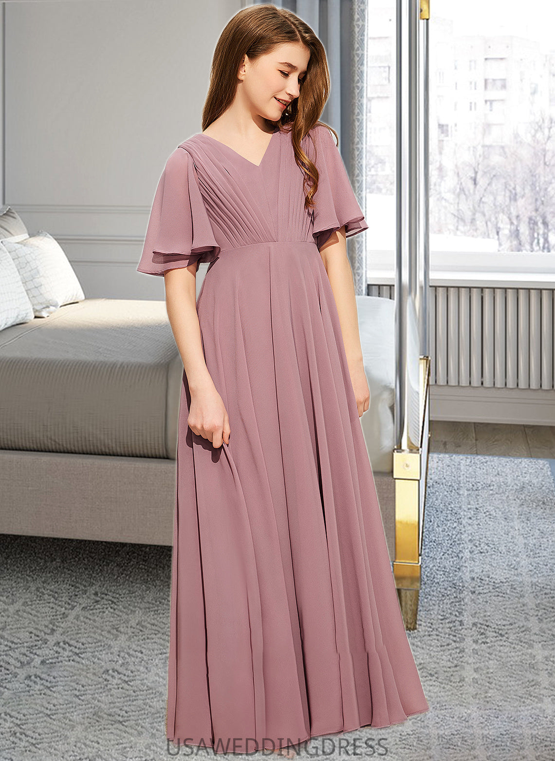 Carly A-Line V-neck Floor-Length Chiffon Junior Bridesmaid Dress With Ruffle DSP0013510