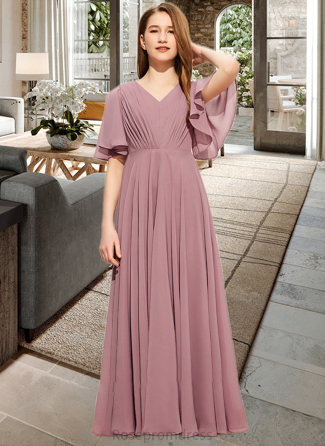 Danika A-Line V-neck Floor-Length Chiffon Junior Bridesmaid Dress With Ruffle SRSP0013510