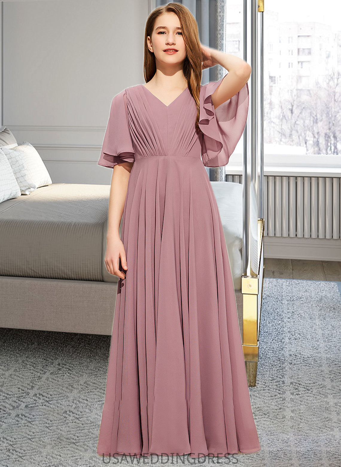 Carly A-Line V-neck Floor-Length Chiffon Junior Bridesmaid Dress With Ruffle DSP0013510