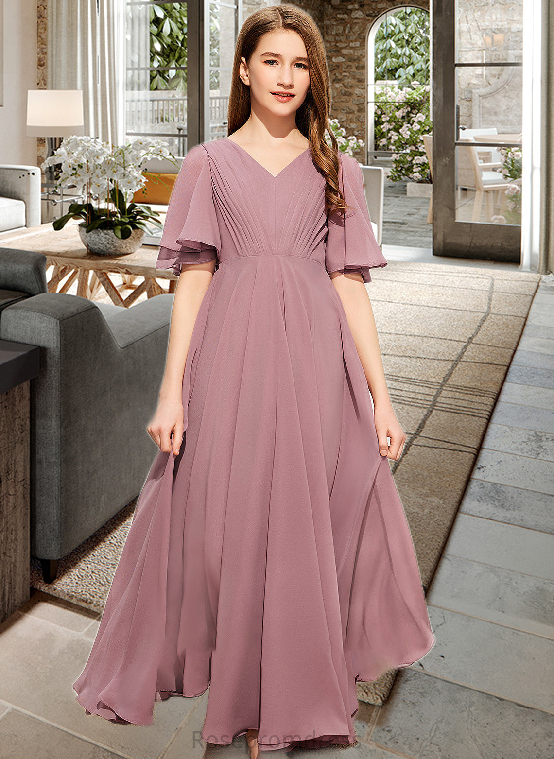 Danika A-Line V-neck Floor-Length Chiffon Junior Bridesmaid Dress With Ruffle SRSP0013510