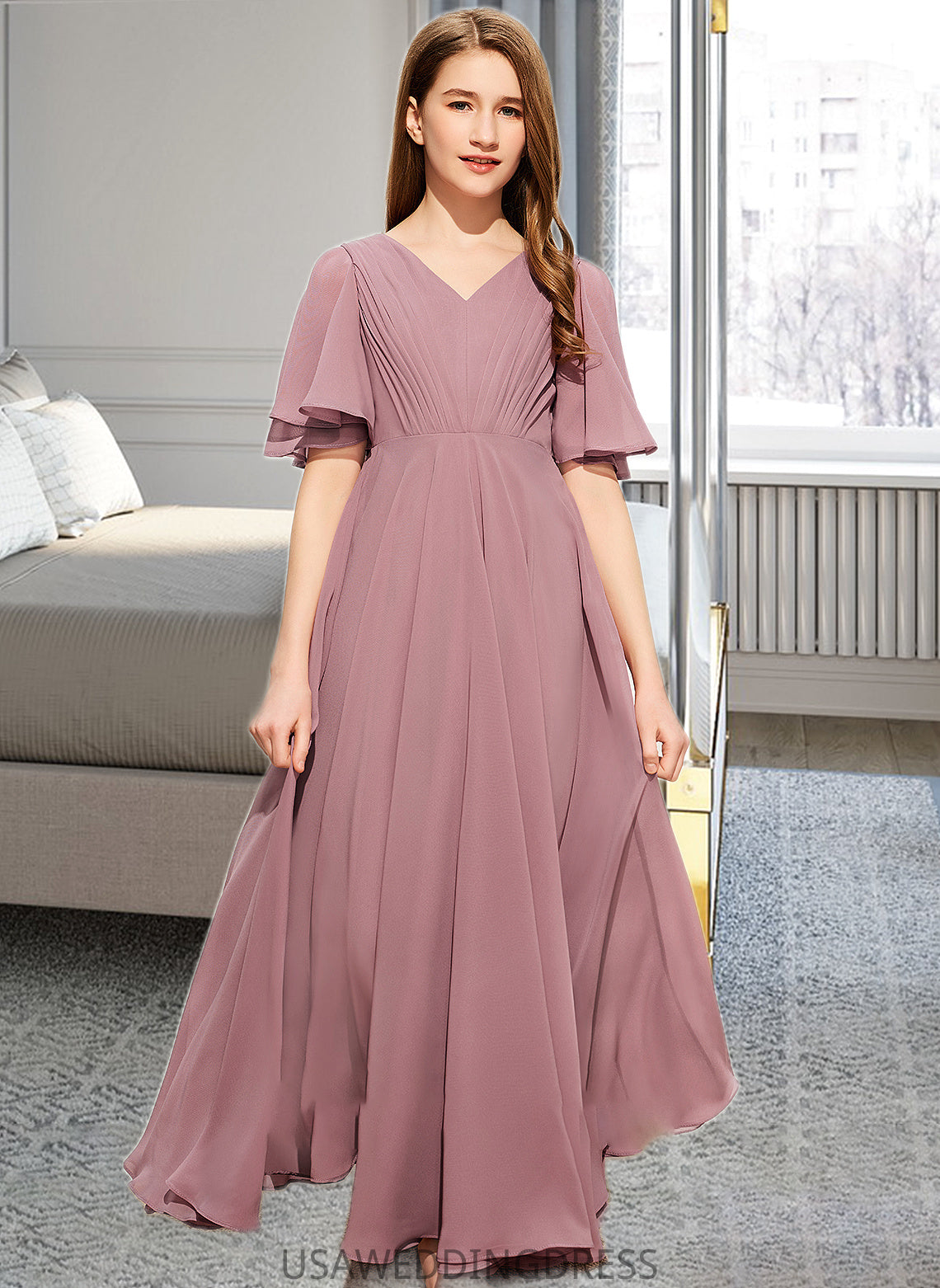 Carly A-Line V-neck Floor-Length Chiffon Junior Bridesmaid Dress With Ruffle DSP0013510