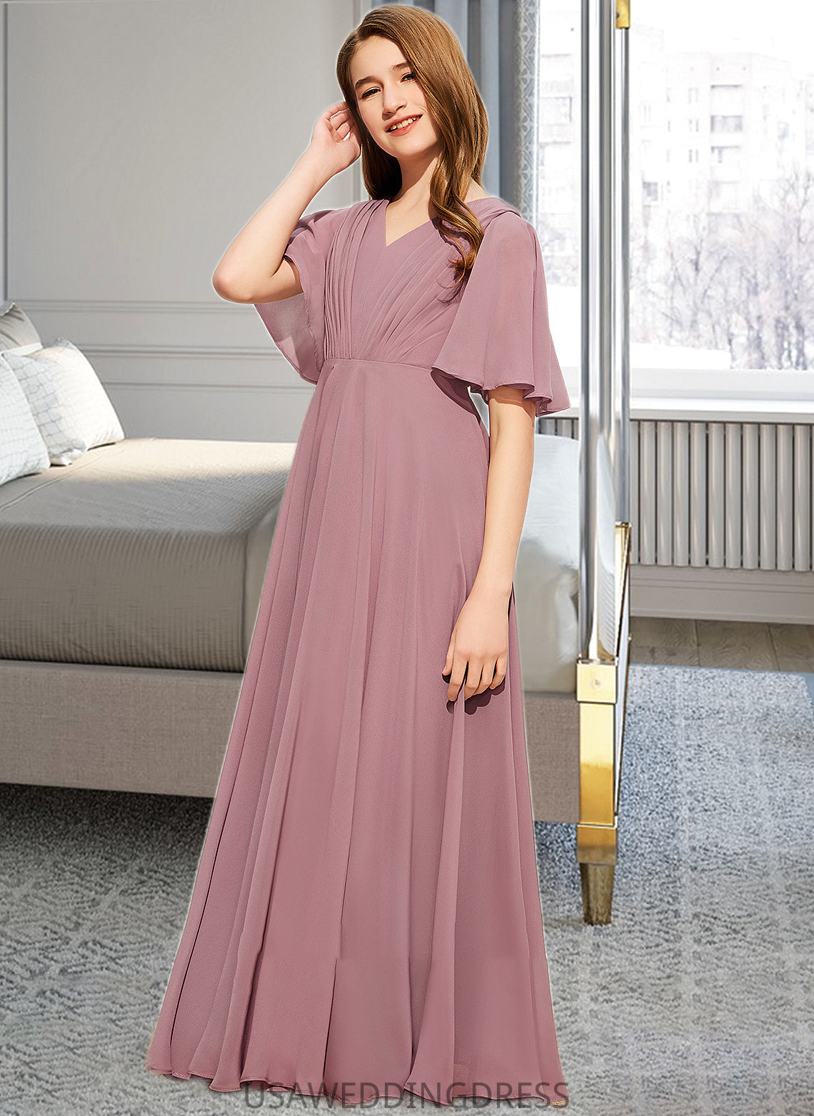 Carly A-Line V-neck Floor-Length Chiffon Junior Bridesmaid Dress With Ruffle DSP0013510