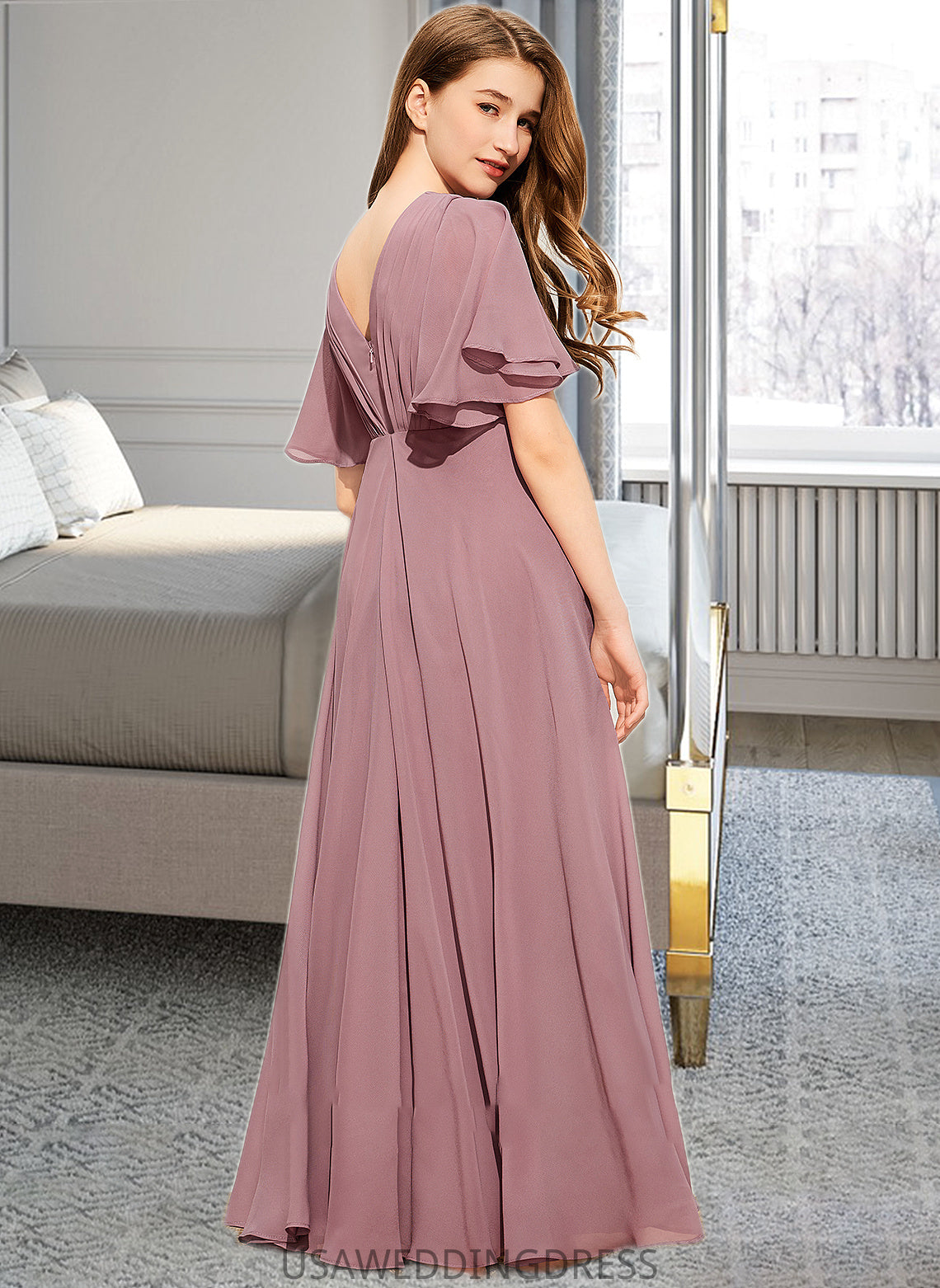 Carly A-Line V-neck Floor-Length Chiffon Junior Bridesmaid Dress With Ruffle DSP0013510