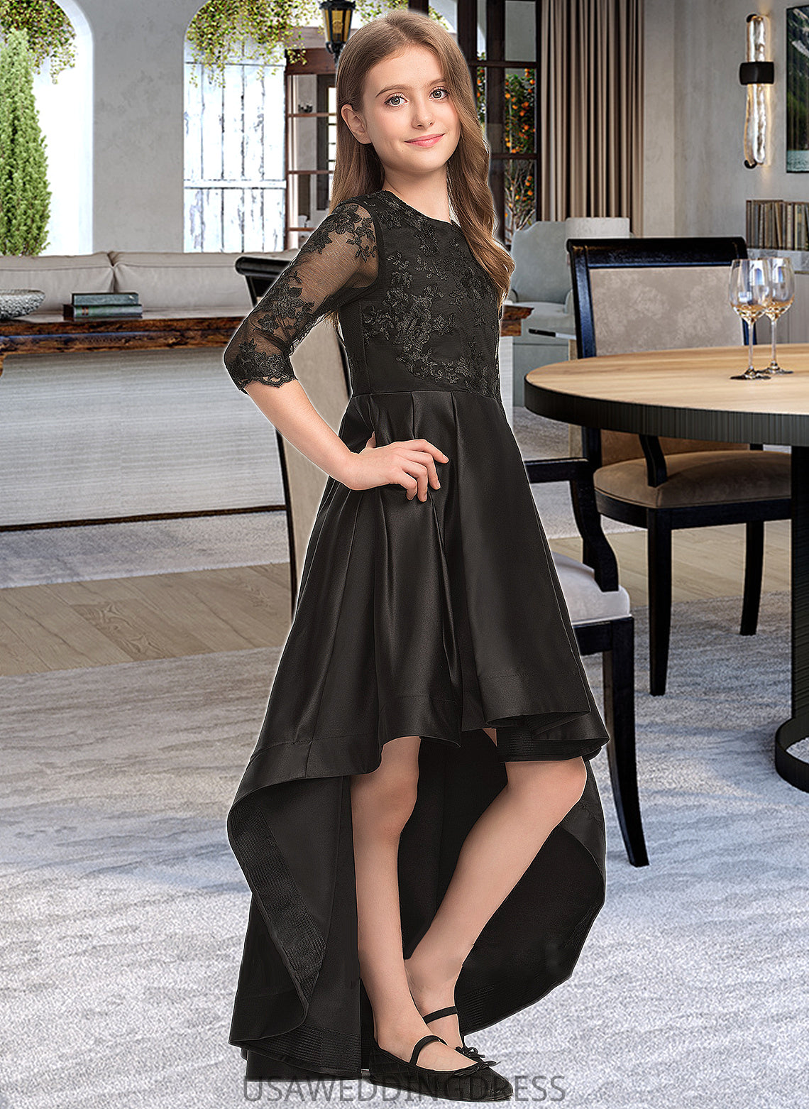 Abbie A-Line Scoop Neck Asymmetrical Satin Lace Junior Bridesmaid Dress With Ruffle DSP0013511