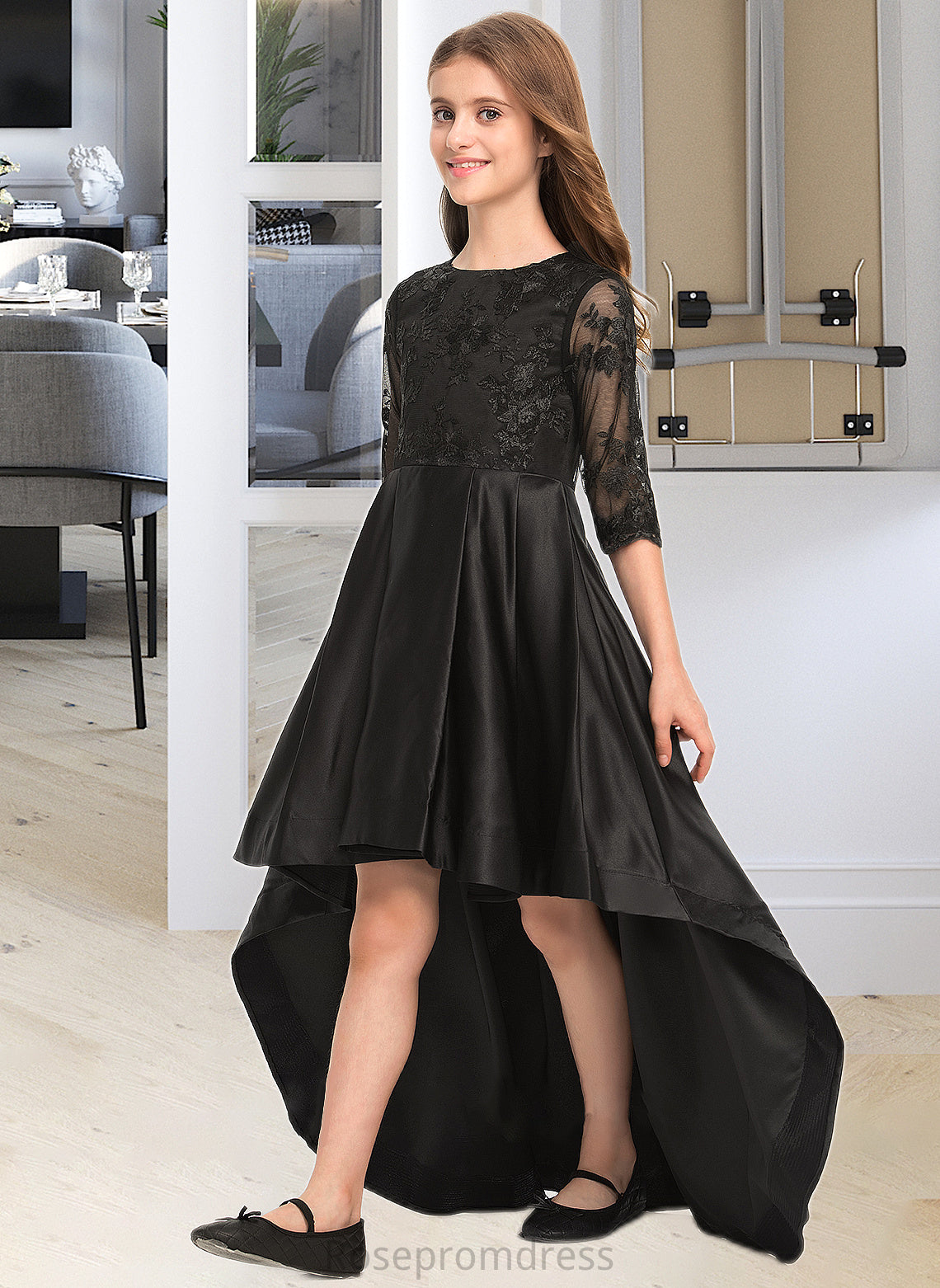 Joslyn A-Line Scoop Neck Asymmetrical Satin Lace Junior Bridesmaid Dress With Ruffle SRSP0013511