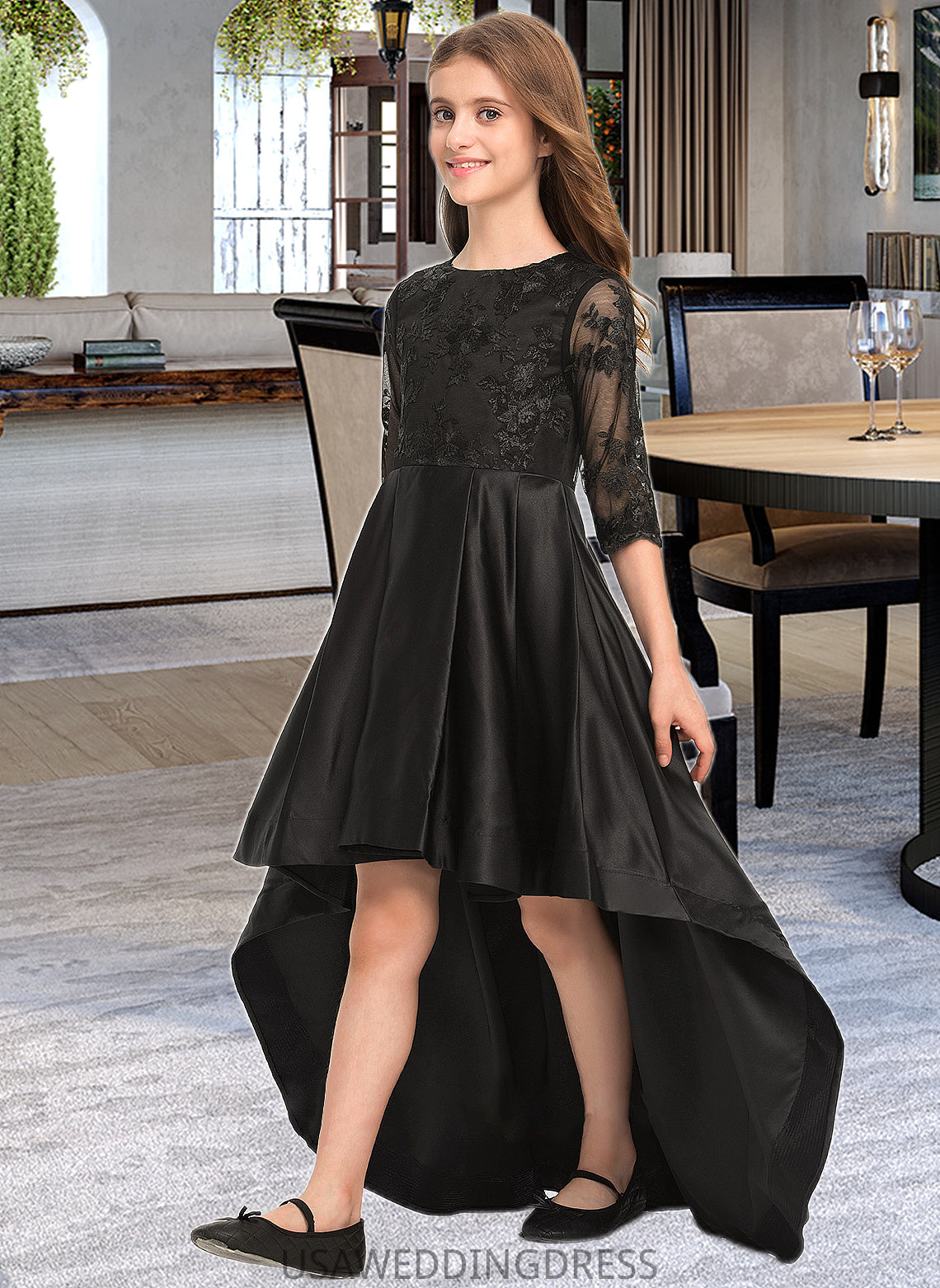 Abbie A-Line Scoop Neck Asymmetrical Satin Lace Junior Bridesmaid Dress With Ruffle DSP0013511