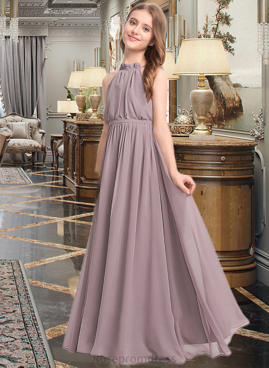 Tanya A-Line High Neck Floor-Length Chiffon Junior Bridesmaid Dress With Bow(s) Cascading Ruffles SRSP0013512