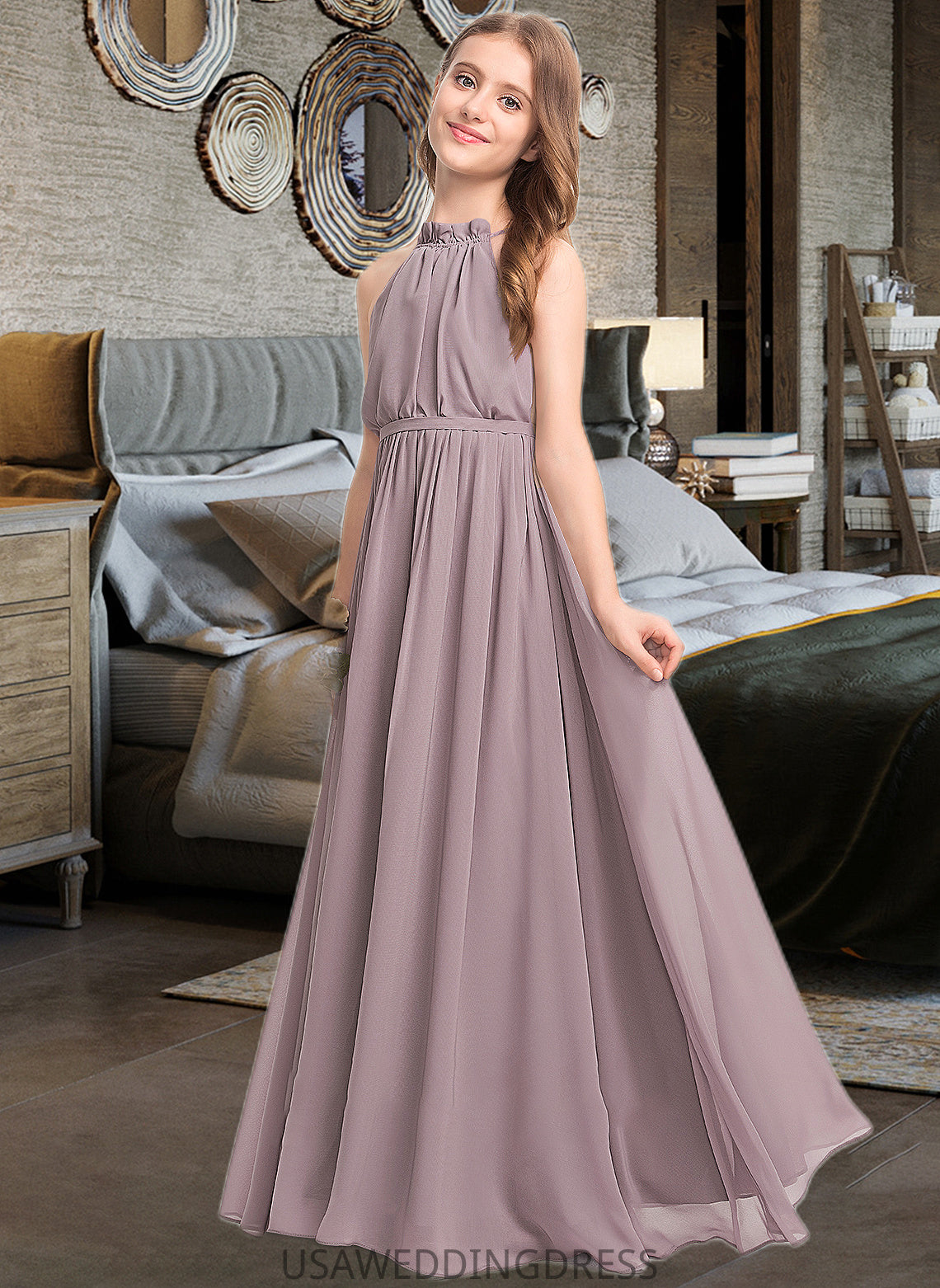 Viola A-Line High Neck Floor-Length Chiffon Junior Bridesmaid Dress With Bow(s) Cascading Ruffles DSP0013512