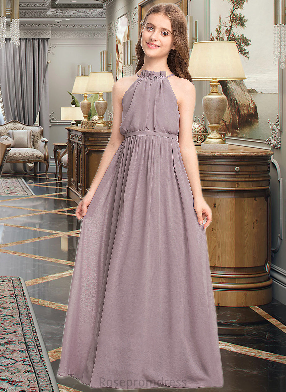 Tanya A-Line High Neck Floor-Length Chiffon Junior Bridesmaid Dress With Bow(s) Cascading Ruffles SRSP0013512