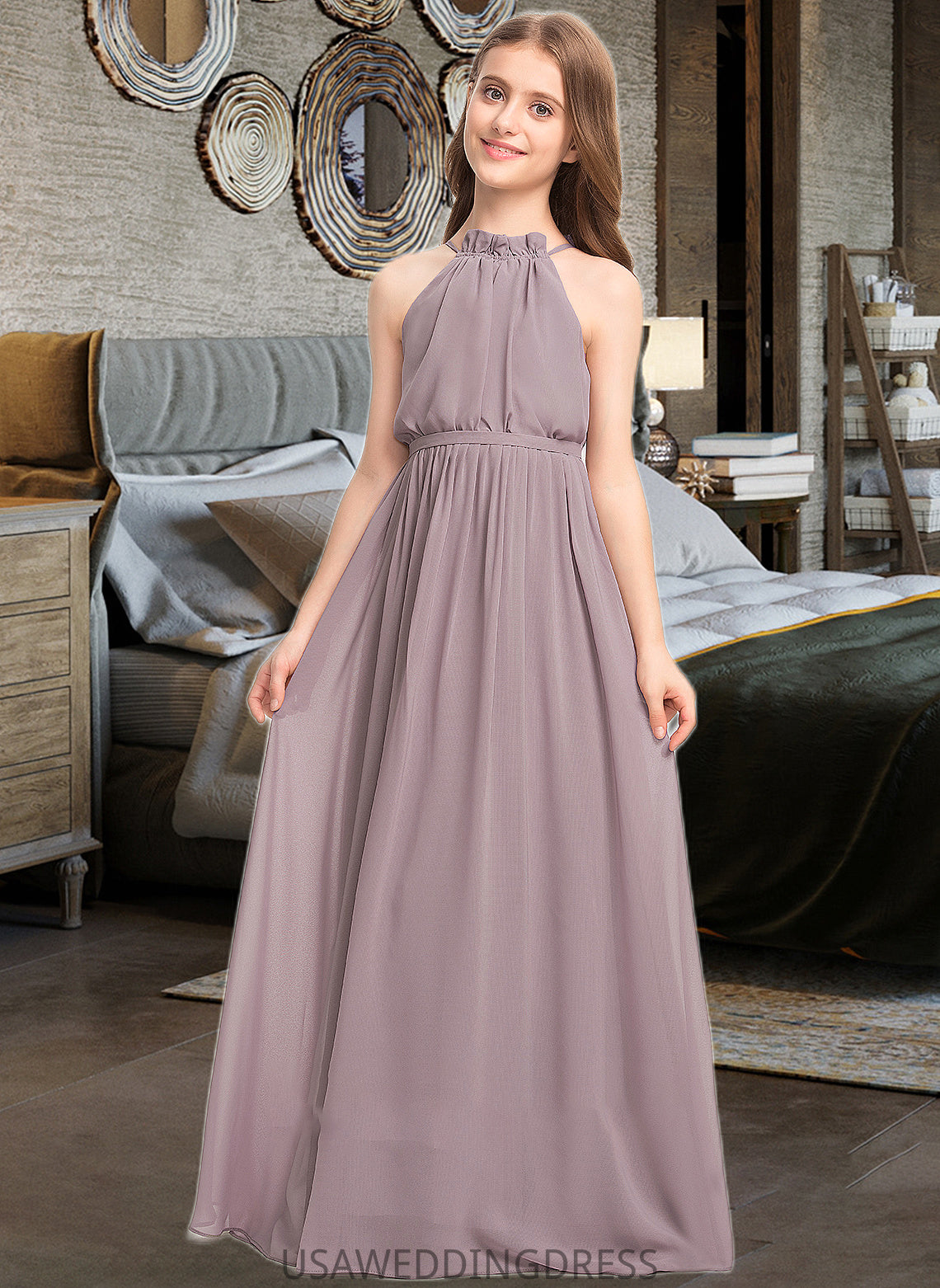 Viola A-Line High Neck Floor-Length Chiffon Junior Bridesmaid Dress With Bow(s) Cascading Ruffles DSP0013512