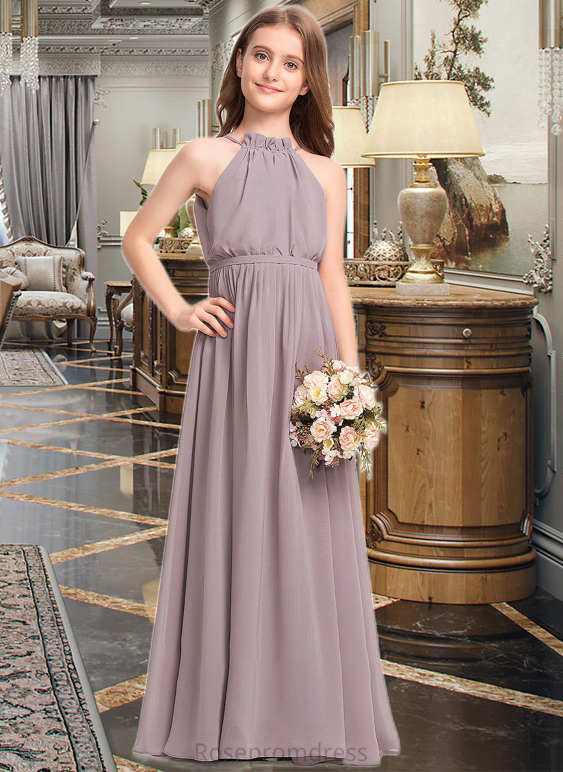 Tanya A-Line High Neck Floor-Length Chiffon Junior Bridesmaid Dress With Bow(s) Cascading Ruffles SRSP0013512