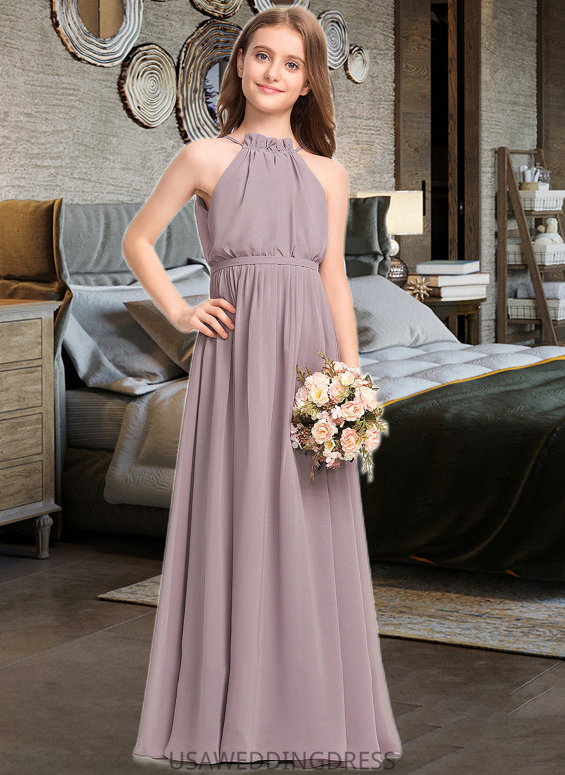 Viola A-Line High Neck Floor-Length Chiffon Junior Bridesmaid Dress With Bow(s) Cascading Ruffles DSP0013512