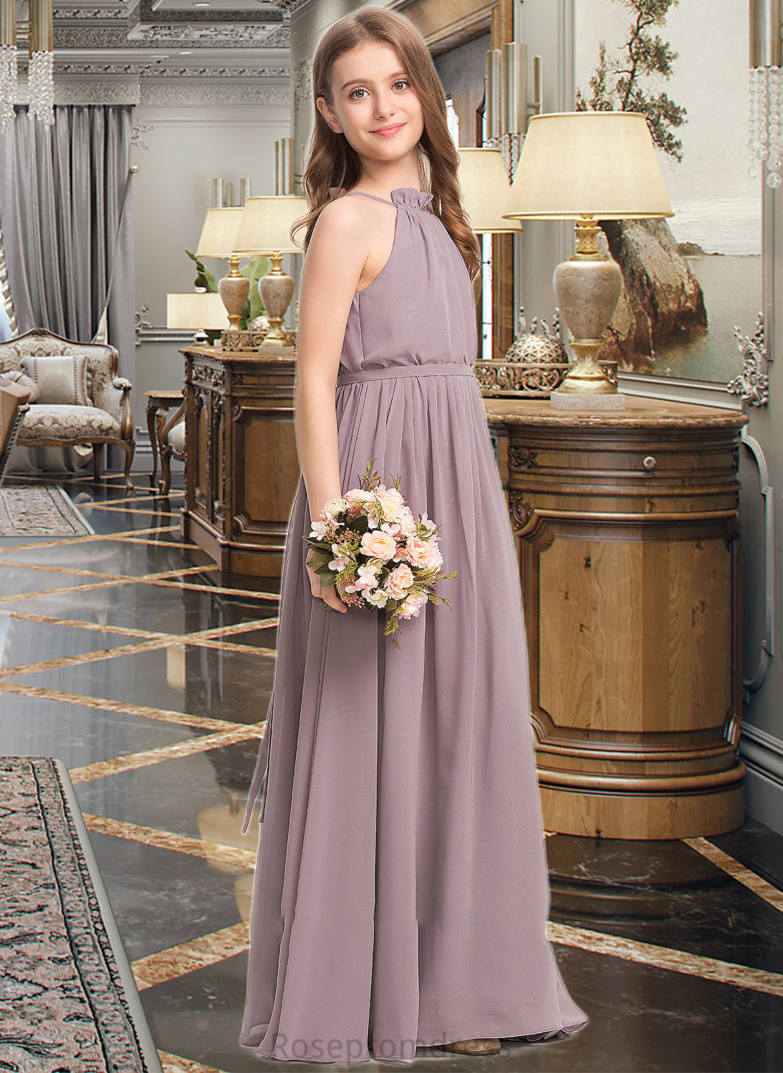 Tanya A-Line High Neck Floor-Length Chiffon Junior Bridesmaid Dress With Bow(s) Cascading Ruffles SRSP0013512