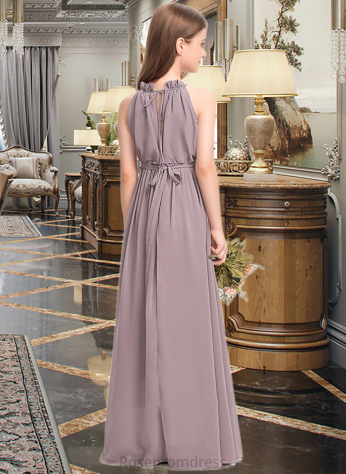 Tanya A-Line High Neck Floor-Length Chiffon Junior Bridesmaid Dress With Bow(s) Cascading Ruffles SRSP0013512